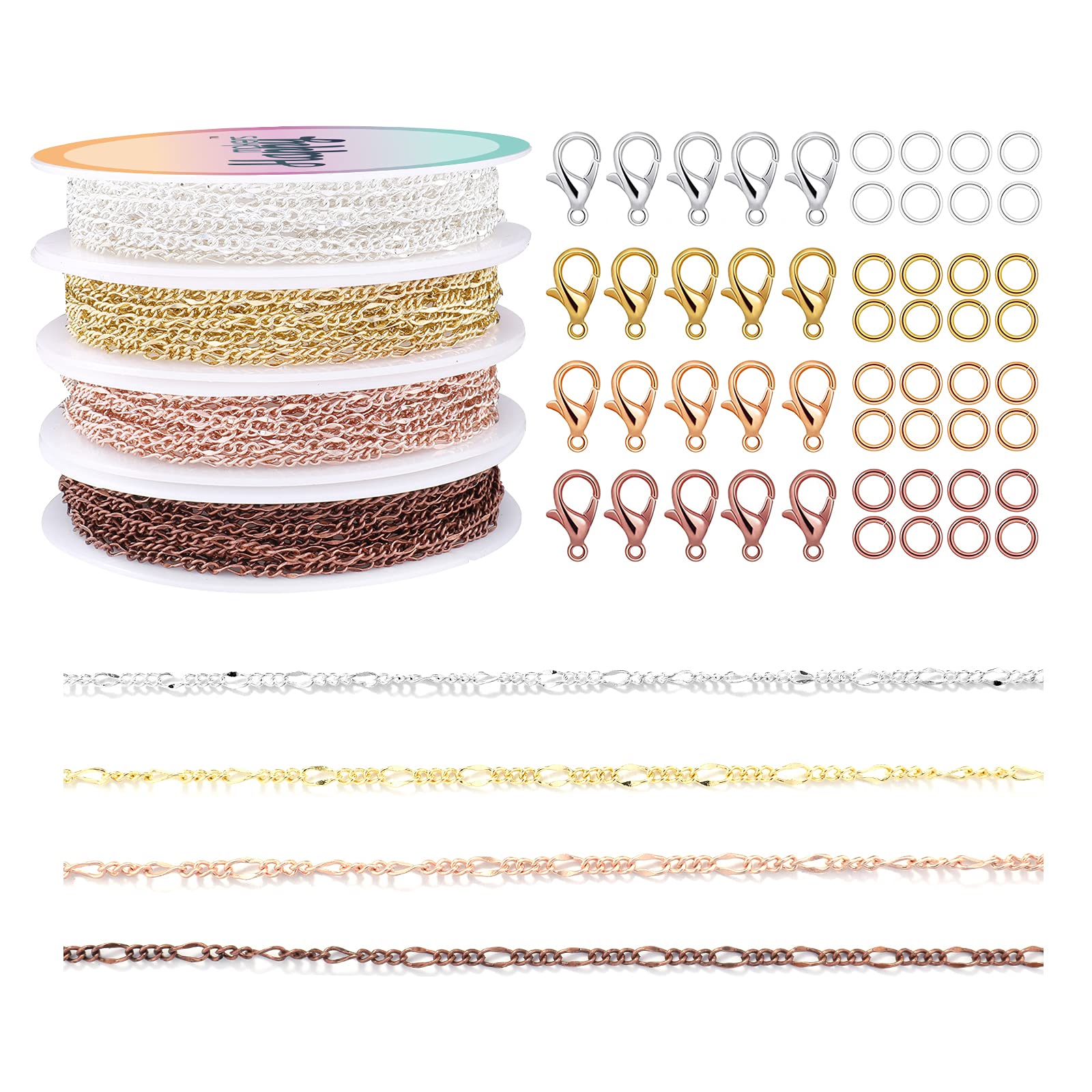 19.68 Feet Rainbow Jewelry Chain - 4x7mm DIY Craft Metal Chains with Lobster Clasps & Jump Rings (5 Colors) for Bracelet, Necklace Making - Perfect for Jewelry Designers, Handmade Gifts & Fashion Accessories