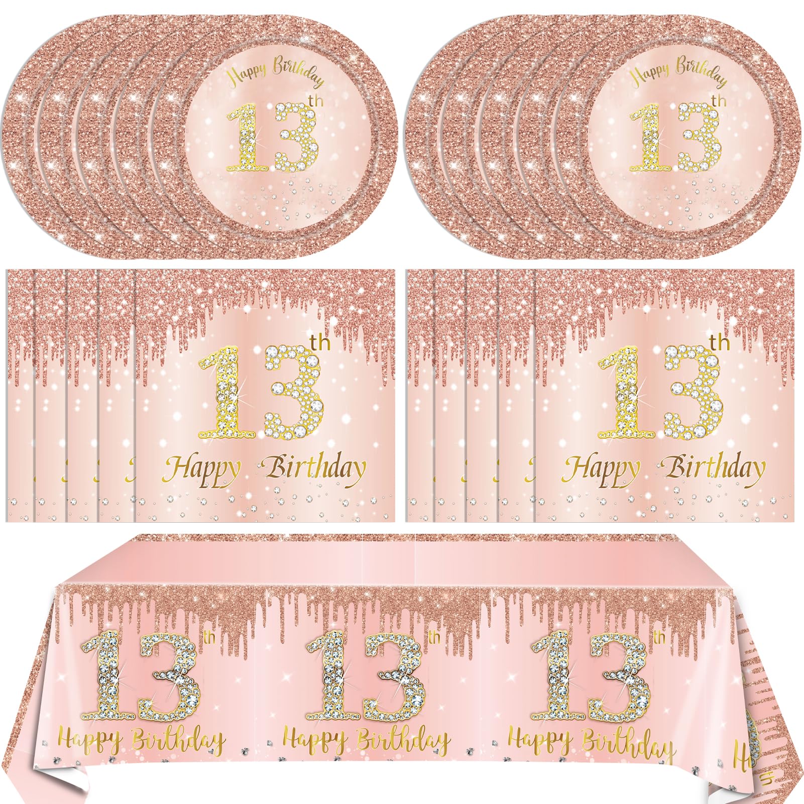 41PCS Rose Gold 13th Birthday Party Decorations Kit for Girls - Includes Happy Birthday Plates, Napkins & Tablecloth - Perfect for Teenager's 13th Birthday Celebration, Sweet 16 Party & Special Occasions