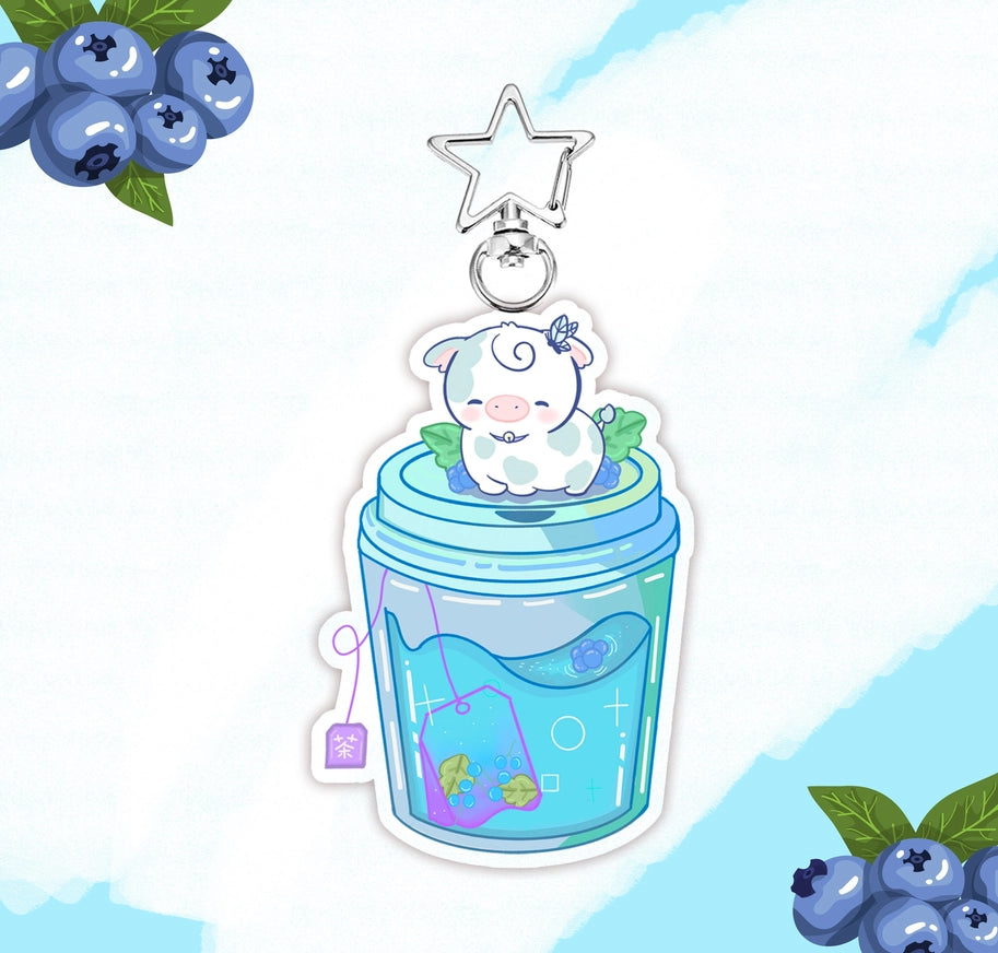 Premium Blueberry Tea Cow Acrylic Keychain - Cute Kawaii Animal Keyring for Backpacks, Purses & Gifts - Perfect for Tea Lovers & Anime Fans