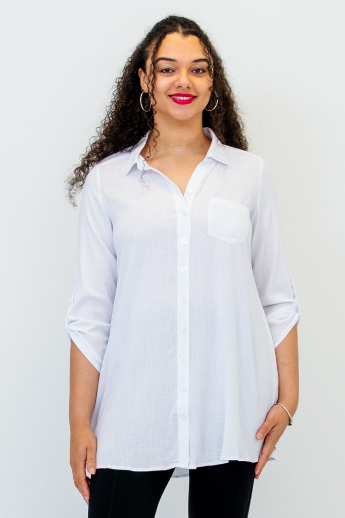 Celine Women's White Linen Bamboo Blouse - Elegant Casual & Office Wear for Summer