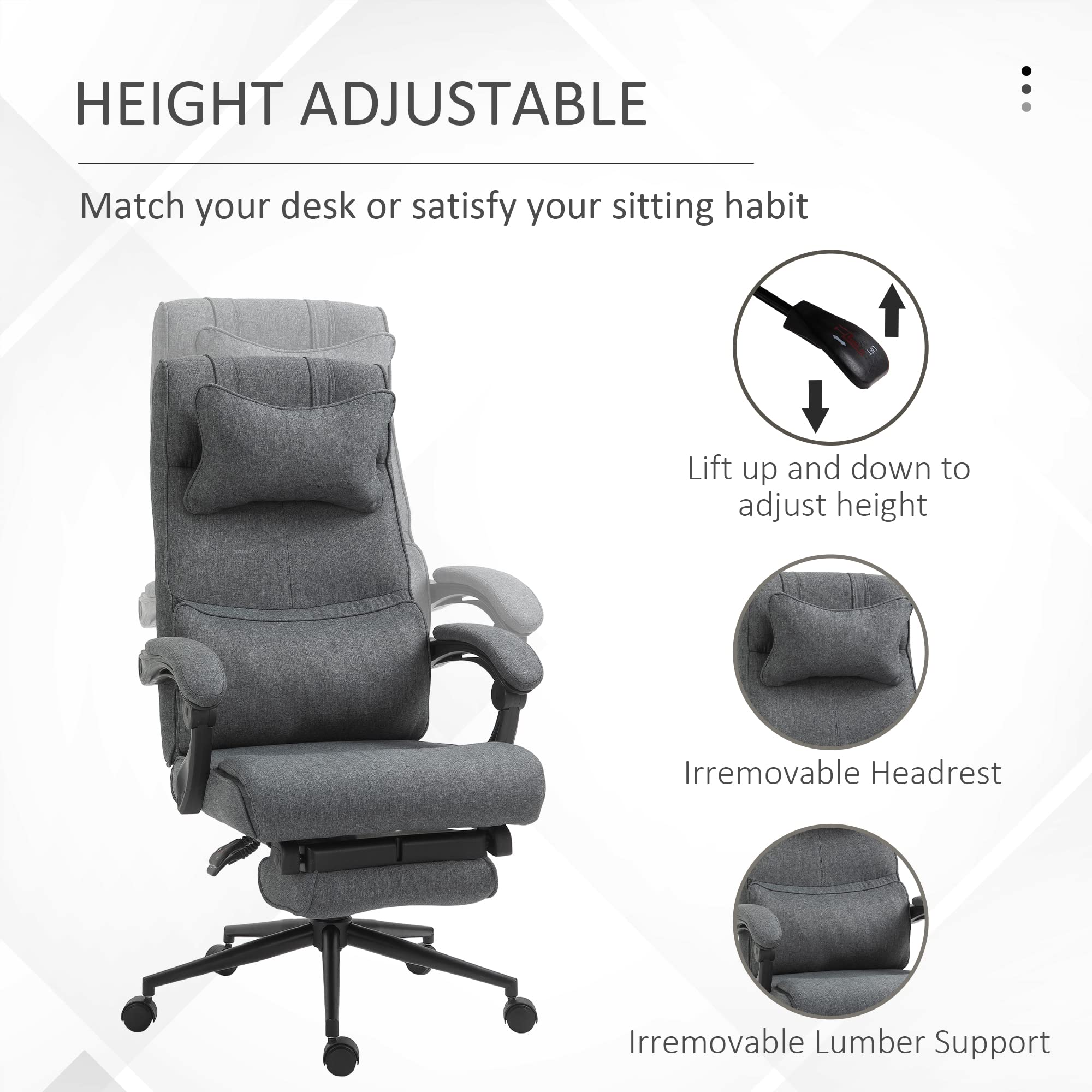 Vinsetto High Back Executive Office Chair with Footrest - Adjustable Reclining Computer Desk Chair, Ergonomic Fabric Chair with Headrest & Lumbar Support (Gray) - Perfect for Home Office, Gaming, and Workspace Comfort
