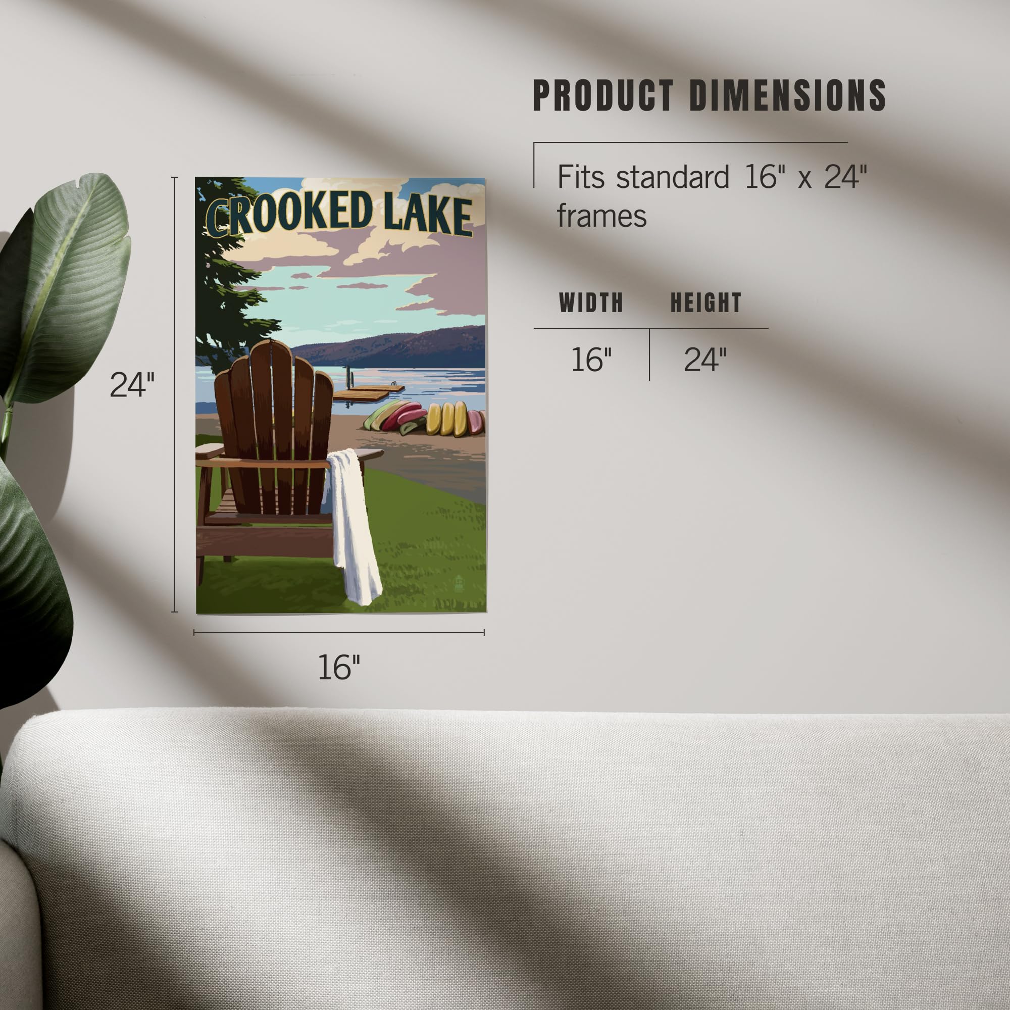 Lantern Press 16x24 Inch Giclee Art Print - Crooked Lake Michigan Landscape with Adirondack Chairs - Premium Wall Decor for Living Room, Bedroom & Office