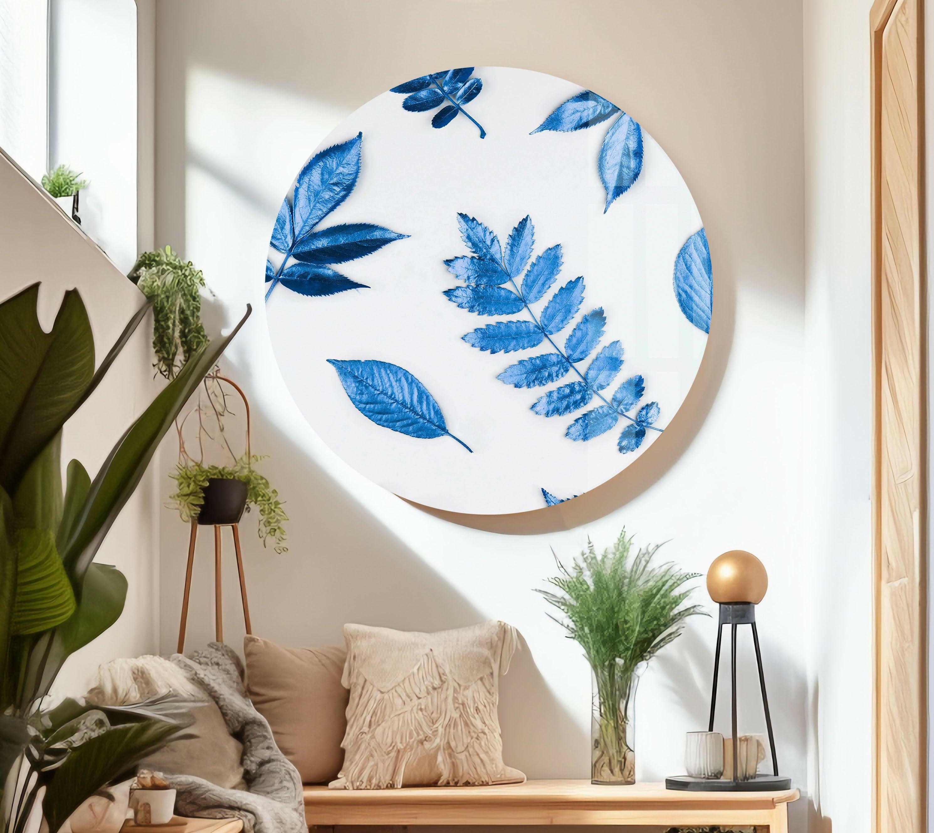 Blue Leaves Glass Wall Art - Handmade Stained Glass Decor for Home & Office - Perfect for Living Room, Bedroom, and Window Decorations