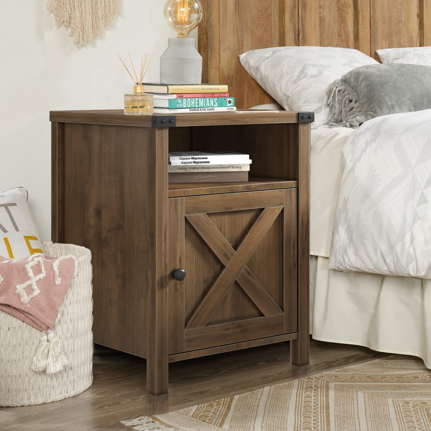 Rustic Oak End Table Set of 2 - Farmhouse Nightstand with Barn Door & Shelf, Side Table for Bedroom & Living Room | Perfect for Cozy Home Decor, Farmhouse Style Bedside Tables, and Rustic Living Room Accent Furniture