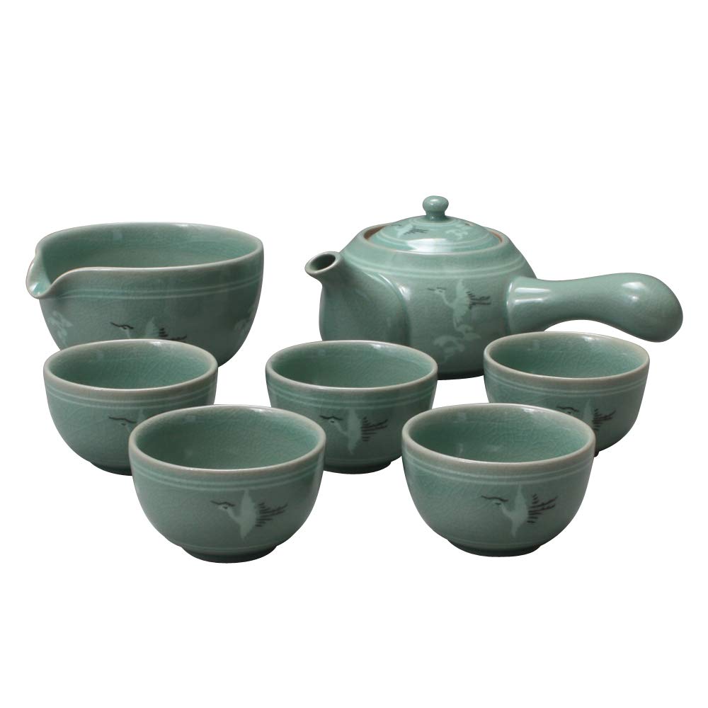 Korean Style Celadon Porcelain Tea Set - Crane & Cloud Design Ceramic Tea Ceremony Gift Set with 11.8oz (350ml) Side Handle Teapot, Cups, Pitcher & Cooling Bowl | Perfect for Japanese Tea Ceremony, Home Decor & Thoughtful Gifts