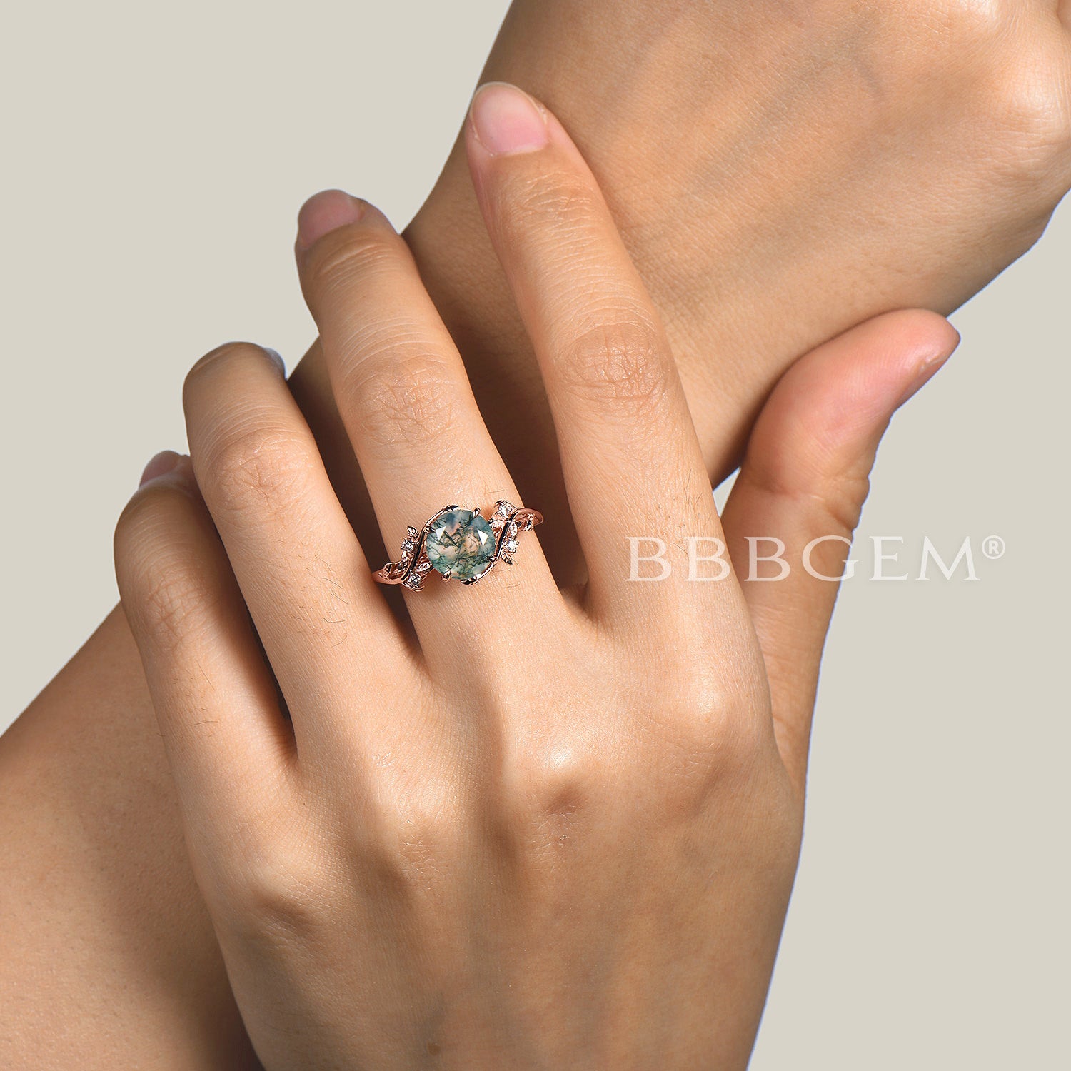 Twig Leaf Moss Agate Engagement Ring - Nature Inspired Wedding Band with Diamond Accents | Perfect for Outdoor Weddings & Nature-Themed Proposals