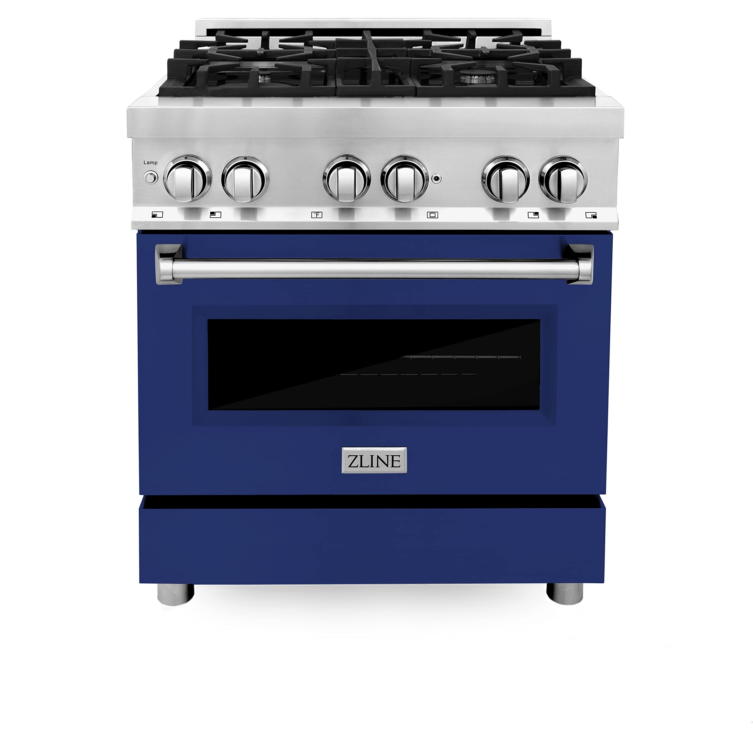 ZLINE 30 Inch 4.0 cu ft Stainless Steel Dual Fuel Range with Blue Gloss Door - 4 Burner Gas Cooktop & Electric Convection Oven for Professional Home Cooking | RA-BG-30 | Perfect for Modern Kitchens & Gourmet Chefs