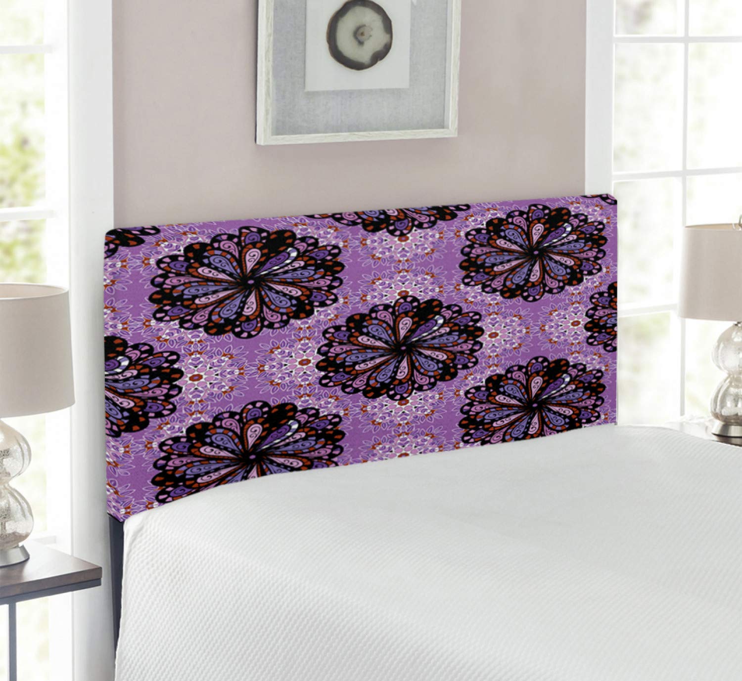 Ambesonne Purple Mandala Headboard - Vintage Boho Round Motif Design with Memory Foam | Twin Size Upholstered Metal Bed Headboard in Black Redwood Violet | Perfect for Bohemian Bedroom Decor & Meditation Spaces