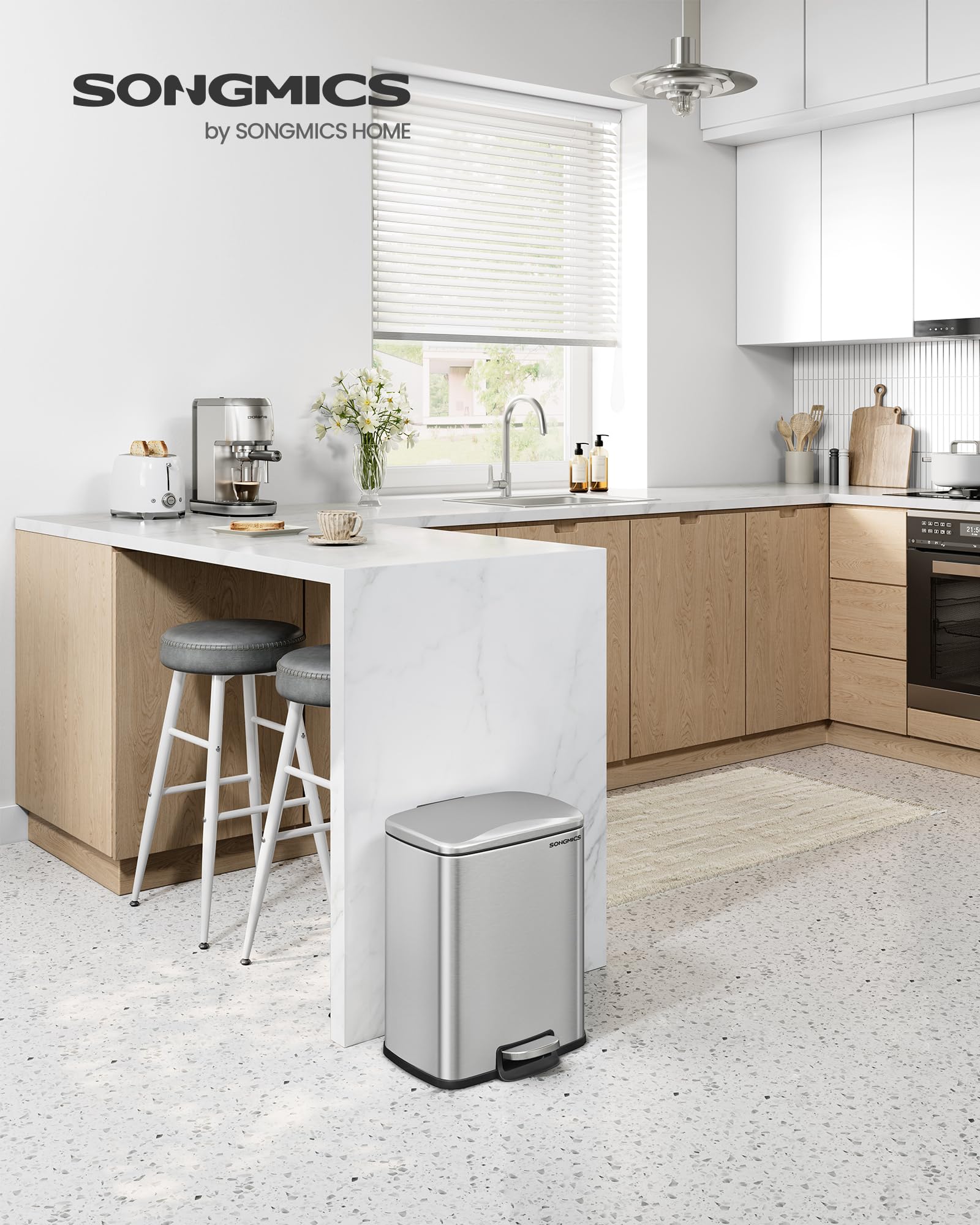 SONGMICS 5.2-Gallon Stainless Steel Step Trash Can with Lid - Soft Close, Stay Open Feature & Inner Bucket - Includes 15 Trash Bags - Perfect for Kitchen, Bathroom, Office, or Garage Waste Disposal (Silver, ULTB543E01)