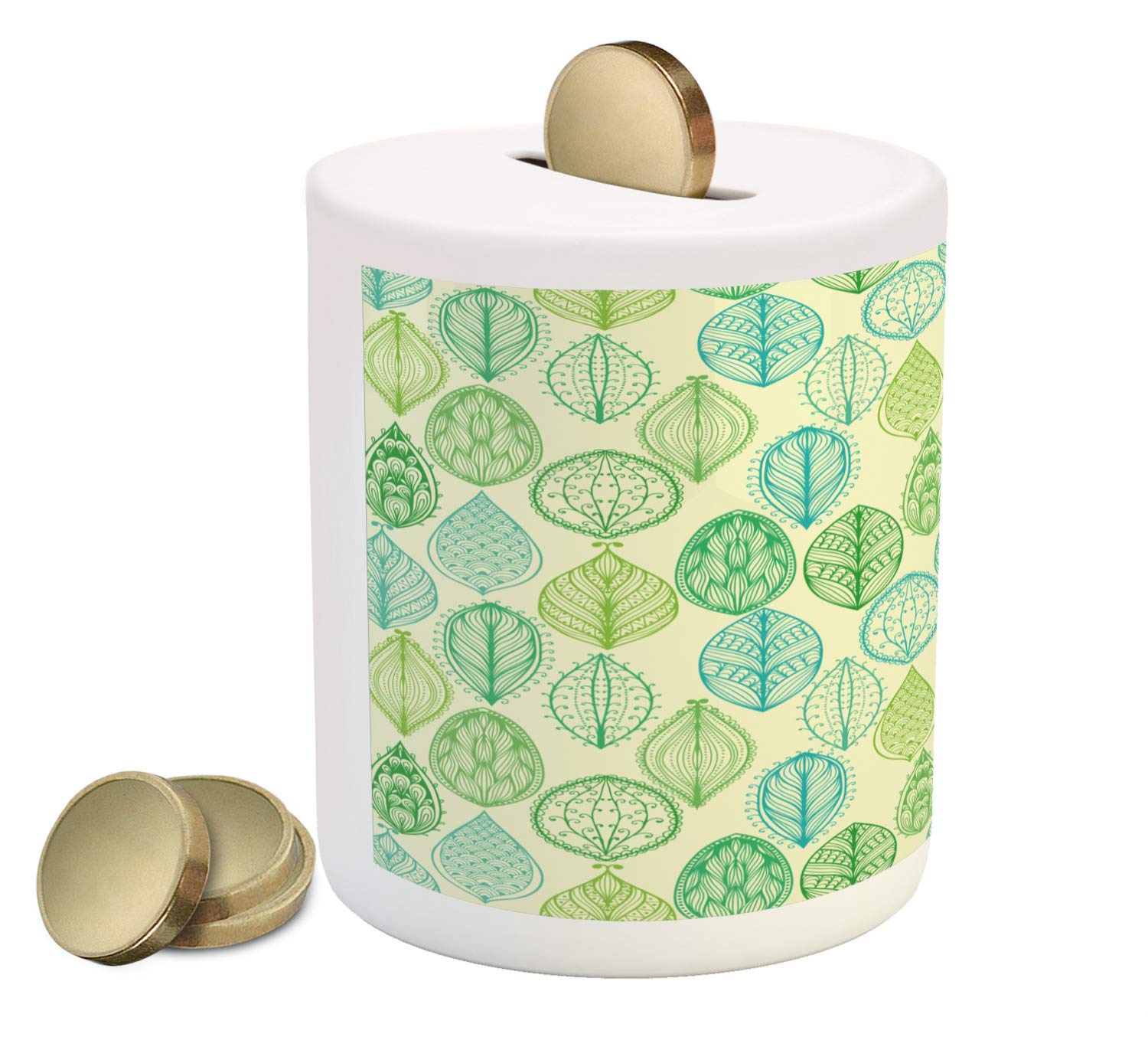 Ambesonne Ceramic Piggy Bank - Hand-Painted Vintage Forest Leaves Design in Green & Blue, Money Saving Coin Bank for Kids & Adults | Perfect for Home Decor, Gift Giving & Cash Savings
