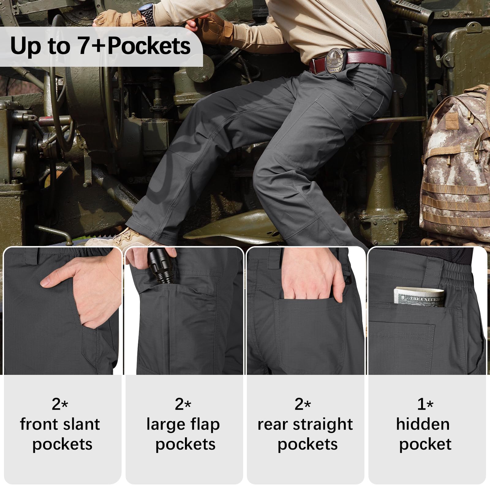 FREE SOLDIER Men's Tactical Cargo Pants - Water Resistant Ripstop Work Pants for Outdoor Hiking, Camping & Adventure | Lightweight Durable Military Style Pants for Men