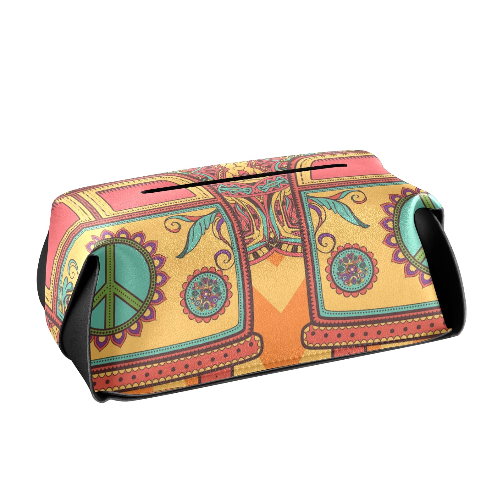 Vintage Floral Leather Tissue Box Cover - Hippie Peace Car Design 5.7x5.7x5.7 Inch - Retro 1960s Style Mini Van Square Tissue Holder with Handle for Home, Bathroom, Office Desk, Nightstand & Car Decor - Perfect for Bohemian Decor, Hippie Gifts & Vintage Lovers