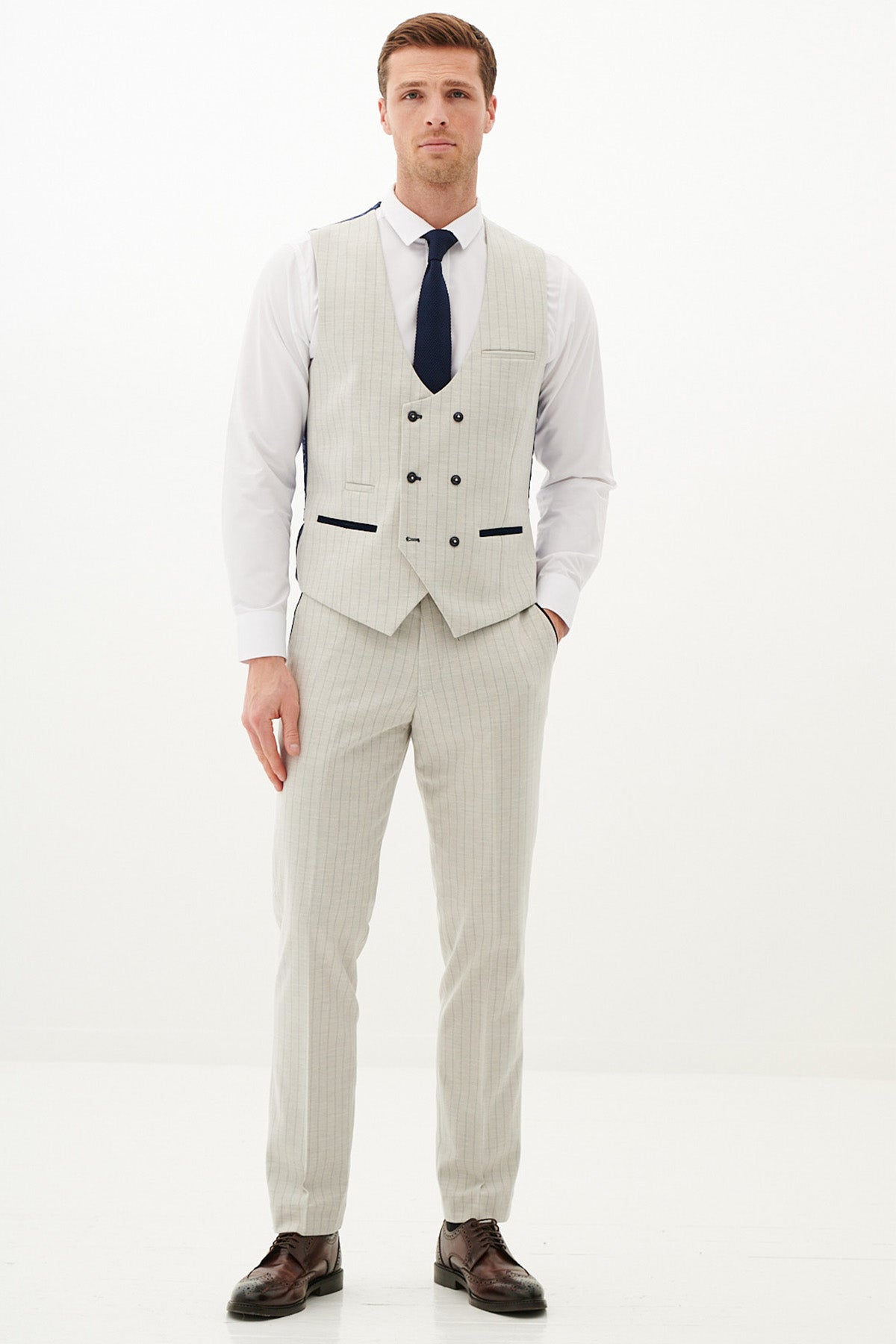 Premium GRANT Stone Pinstripe Three Piece Suit for Men - Classic Business Formal Wear - Perfect for Weddings, Office Meetings & Special Occasions