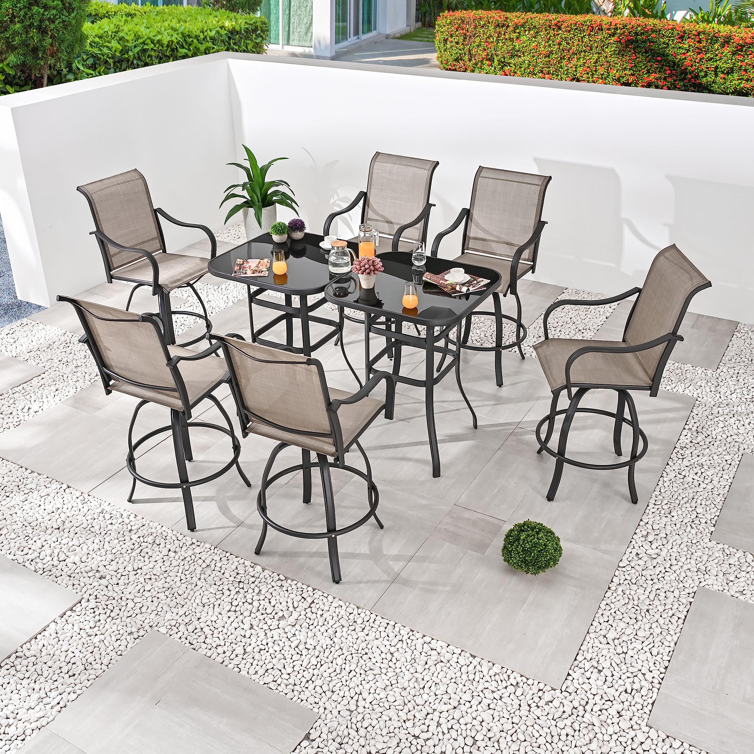 8-Piece Outdoor Patio Swivel Bar Stool Set with 2 Glass Top Tables - All-Weather Bistro Height Dining Chairs for Backyard, Deck, Poolside & Garden (Grey) - Perfect for Entertaining, Lounging & Outdoor Dining