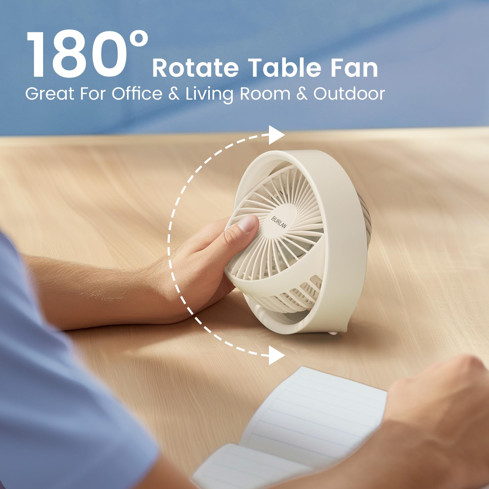 Portable Cordless Desk Fan with USB Rechargeable Battery - 70ft Strong Airflow, Quiet Operation, LED Light & 360° Rotation - Perfect for Bedroom, Home Office, Outdoor & Travel Use (White)