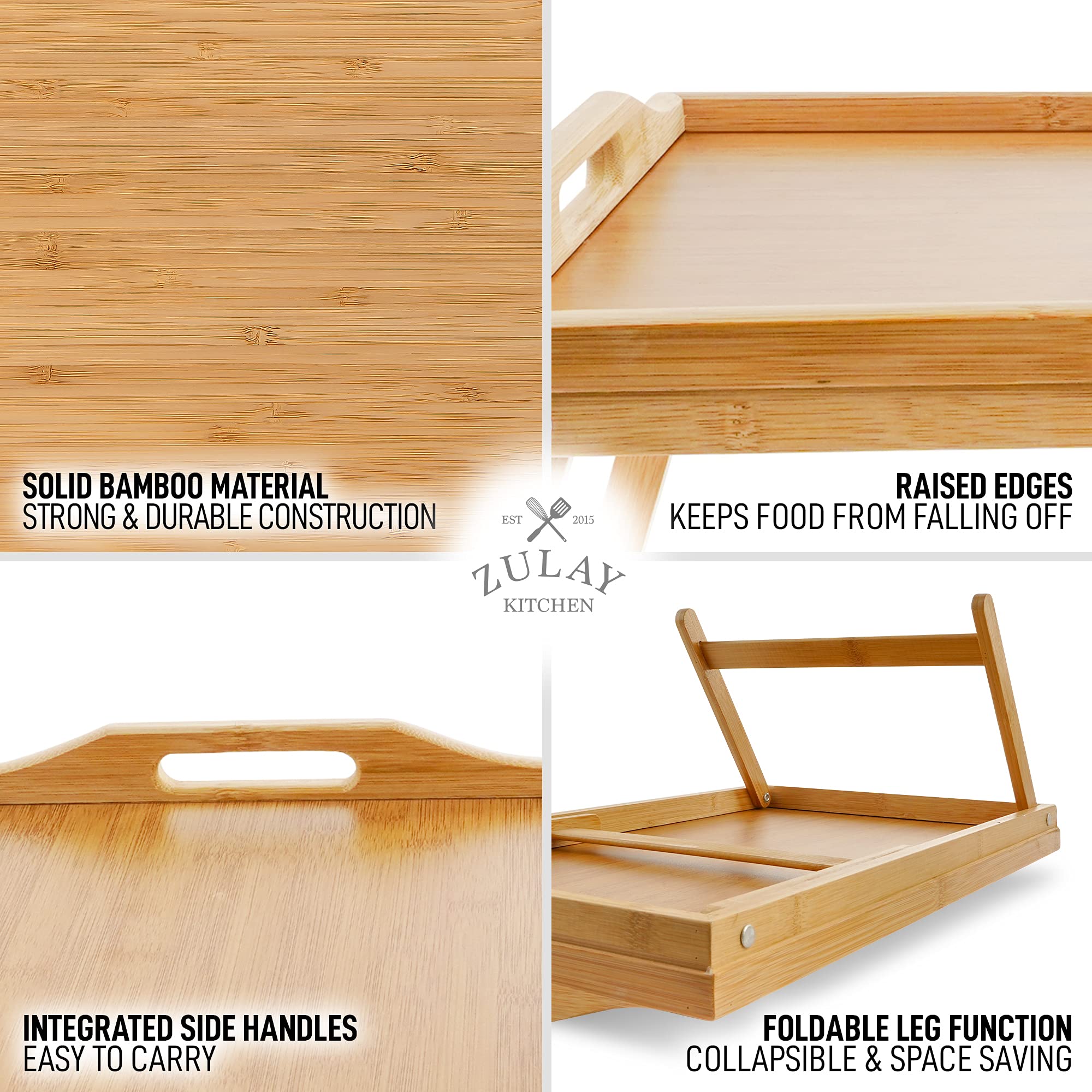 Zulay Premium Bamboo Breakfast Tray with Folding Legs - Adjustable Bed Table for Eating, Working & Relaxing - Multi-Functional Serving Tray for Breakfast in Bed, Laptop Desk, Snack Tray & Home Office Use