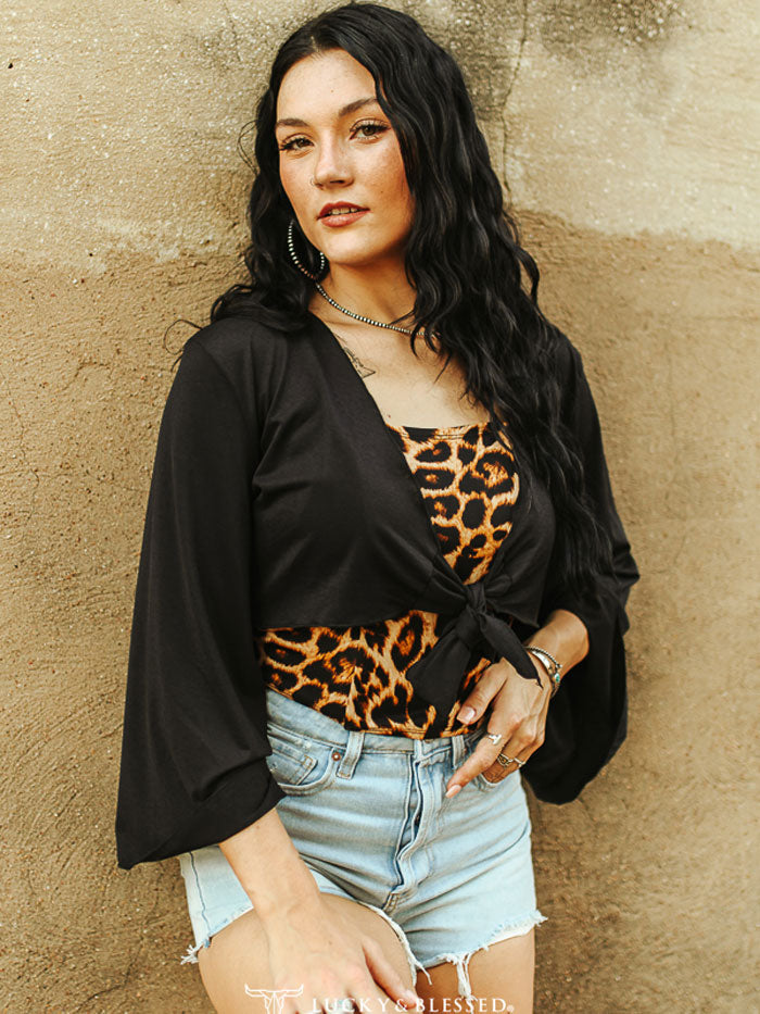 Lucky & Blessed T0725 Women's Front Tie Flare Sleeve Crop Top - Black | Stylish Summer Casual Blouse for Outfits, Beach & Party Wear