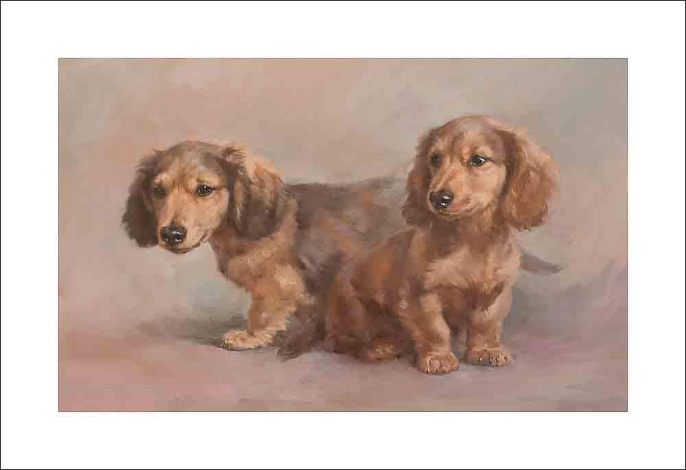 Miniature Long Haired Dachshund Puppies Oil Painting Print - Jacqueline Stanfine Dog Portrait Canvas Wall Art for Living Room, Bedroom & Office Decor