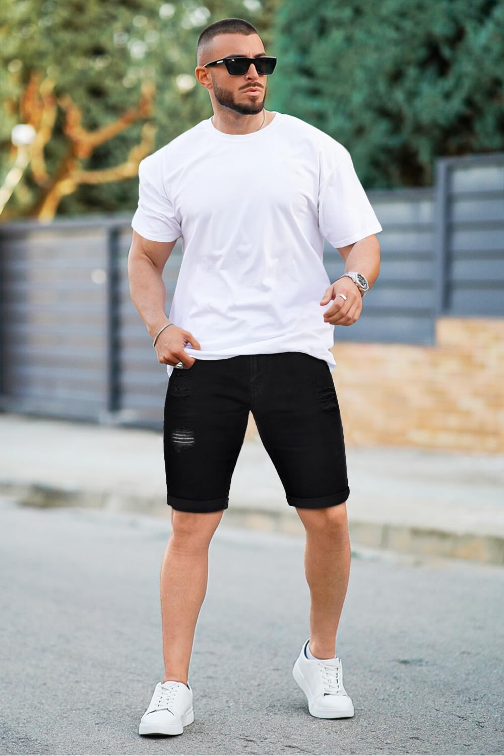 GINGTTO Men's Ripped Skinny Stretch Denim Shorts - Comfortable Slim Fit Jean Shorts for Men | Perfect for Summer, Casual Wear & Street Style