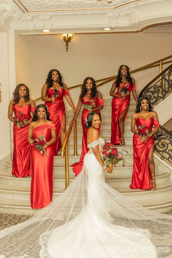 Elegant Red Mermaid Bridesmaid Dresses with Side Slit - Long Maxi Formal Gowns for Weddings & Special Occasions | WG1698
