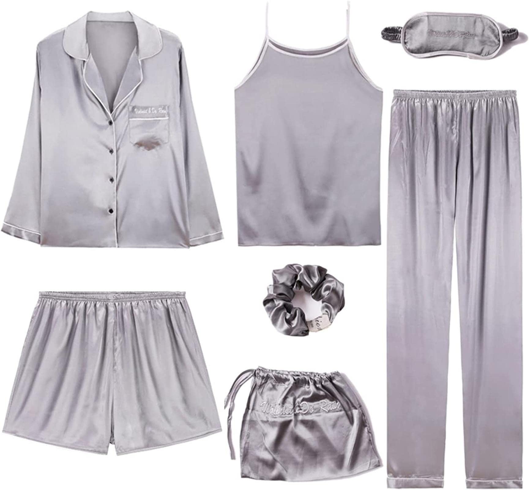 Women's 7-Piece Summer Satin Pajama Set with Suspenders - Soft Silk Sleepwear for Women - Comfortable Lounge & Home Wear - Perfect for Sleepovers, Relaxing at Home and Gift Giving