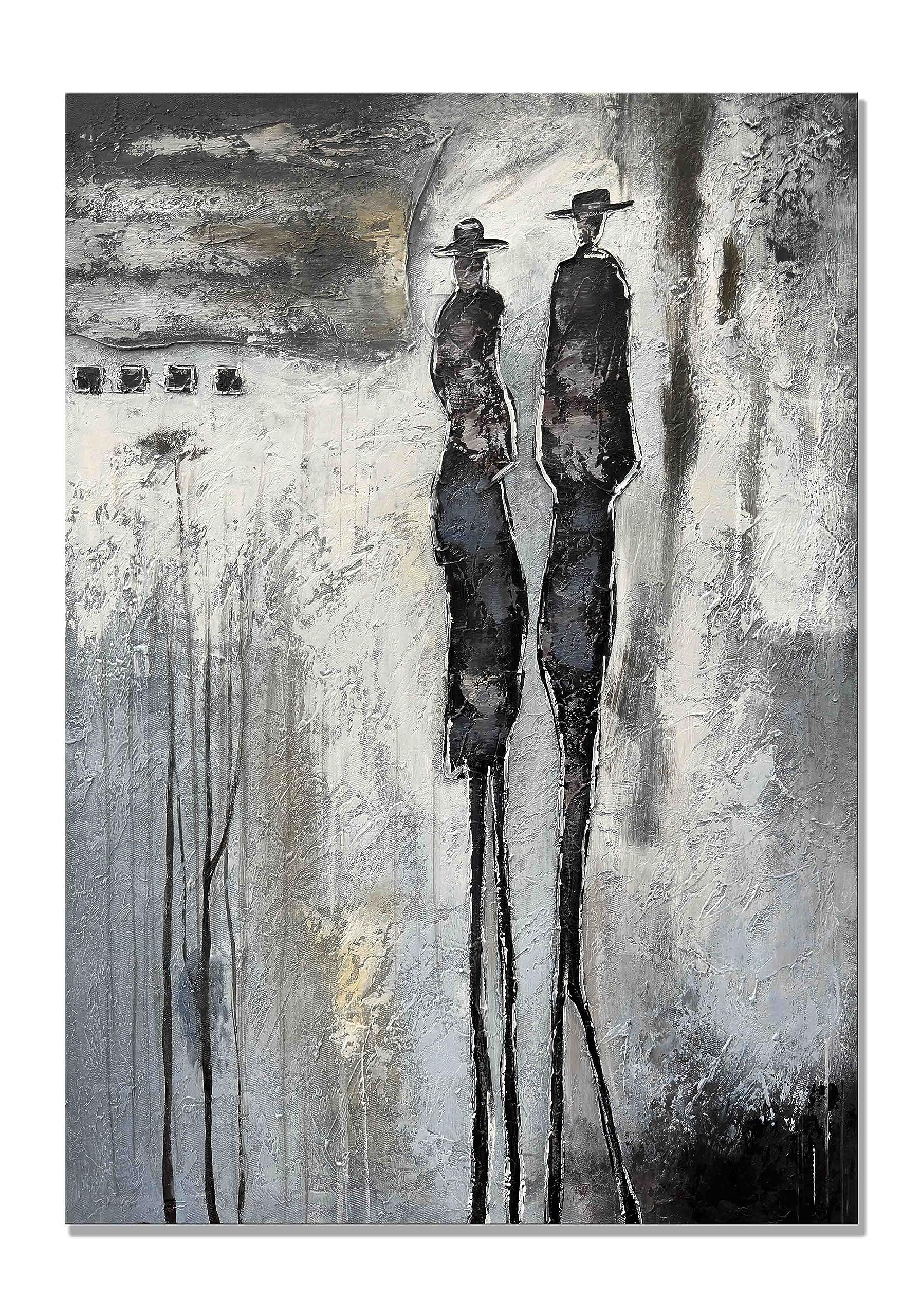 Yao or Miao Hand-Painted Dark Lover in Rain Oil Painting - 28x40 Inches Black & White Abstract Wall Art with Texture - Modern Home & Office Decor for Living Room, Bedroom, or Gallery Display