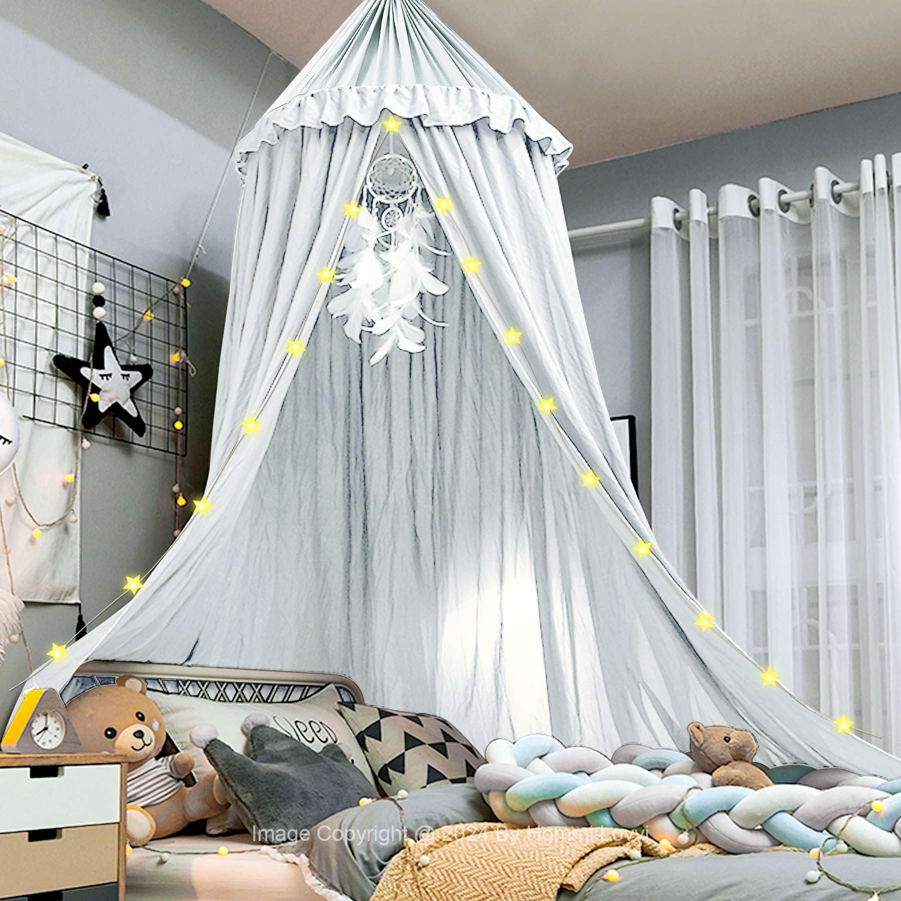 Dreamy Frills Princess Bed Canopy for Girls - Extra Large Full Queen Size Hanging Canopy Net, Soft Bedroom Decoration for Reading Nook & Sleep Sanctuary - White | Perfect for Kids' Bedroom, Nursery Decor & Cozy Reading Corners