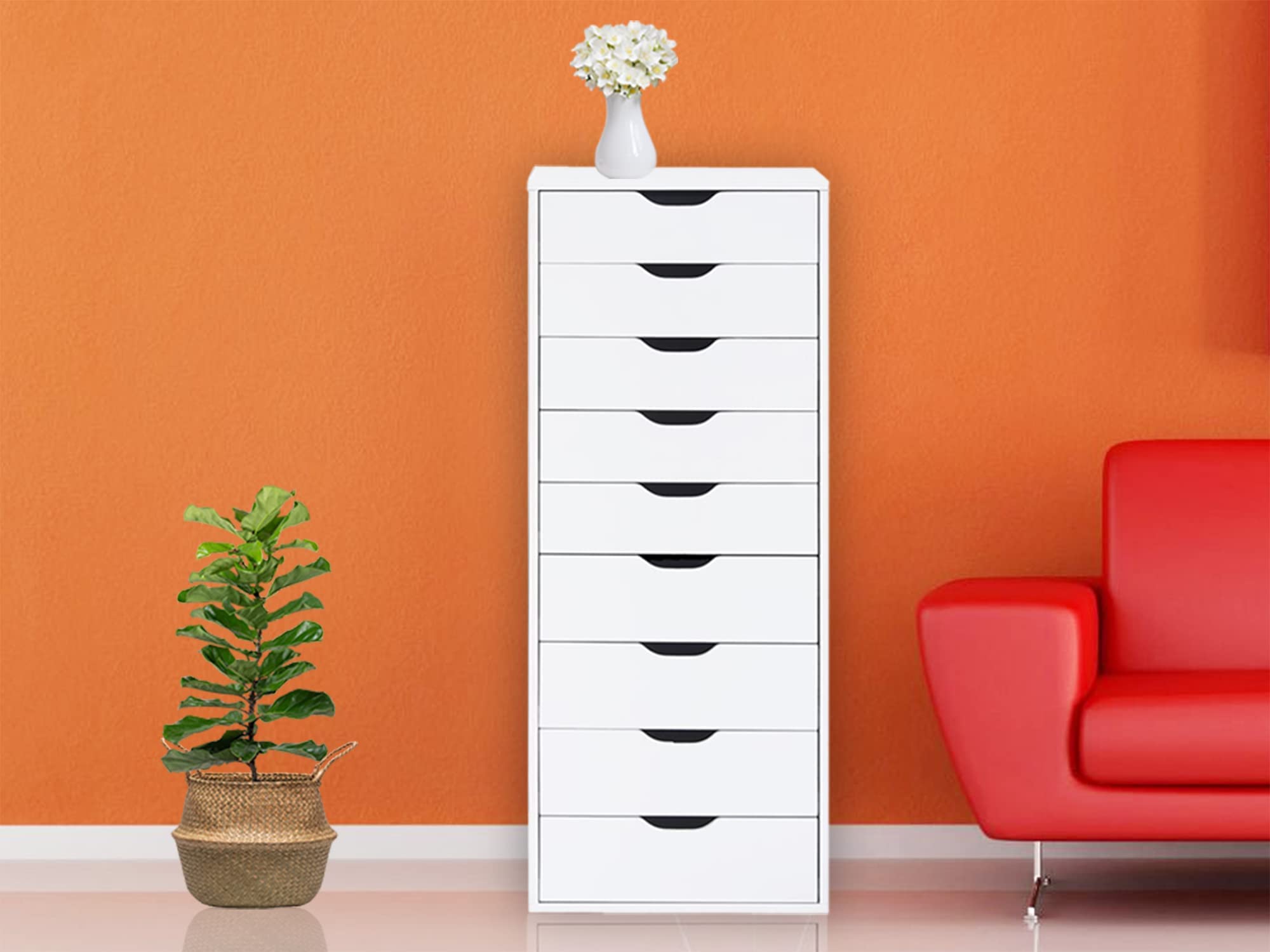 Naomi Home 9-Drawer Tall Dresser for Bedroom & Closet - White Makeup Storage Cabinet with 200 lbs Capacity - Perfect for Bedroom Organization, Small Space Storage & Makeup Vanity Setup