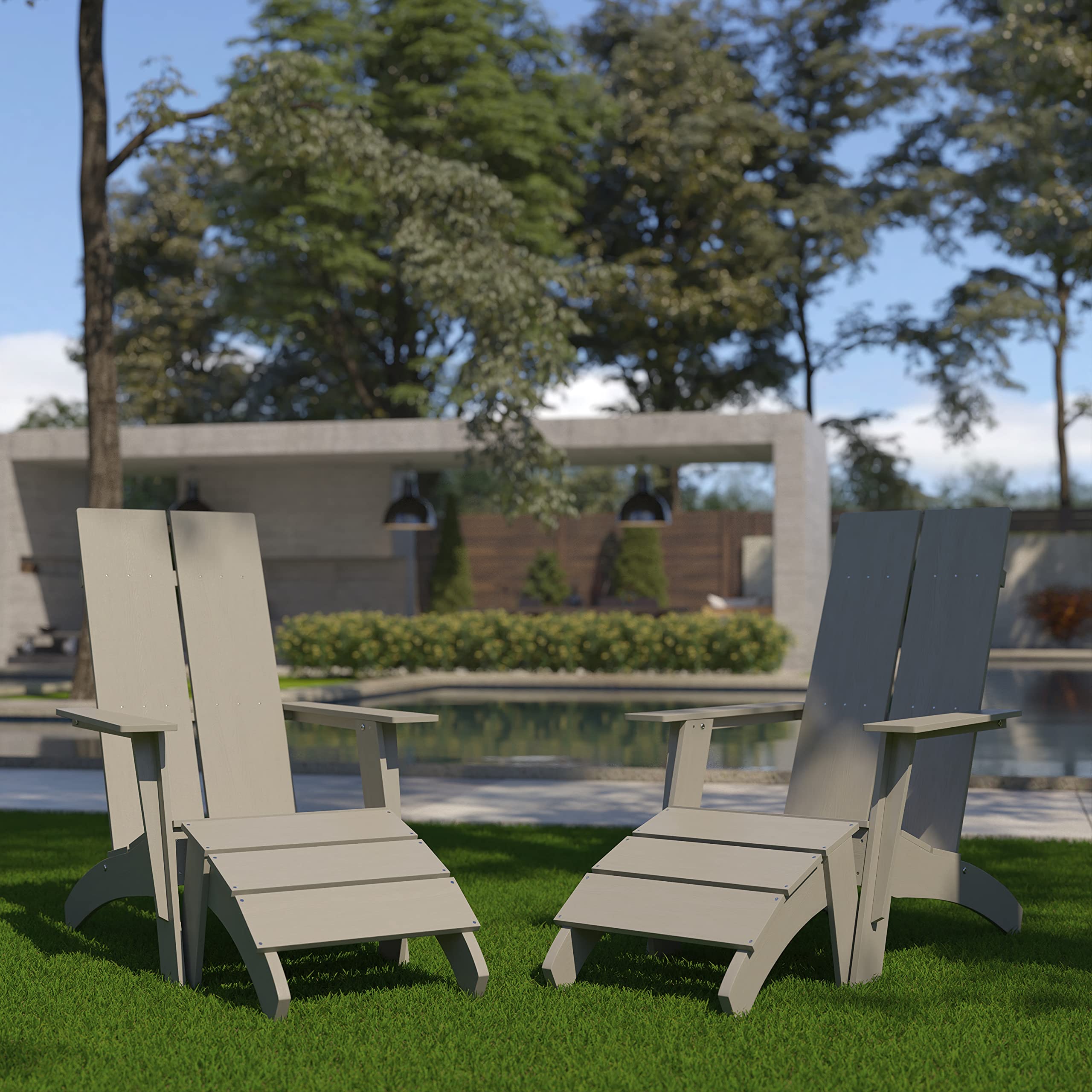 Set of 2 Modern Gray All-Weather Poly Resin Adirondack Chairs with Footrests - Outdoor Patio, Garden, Poolside & Deck Furniture for Relaxation