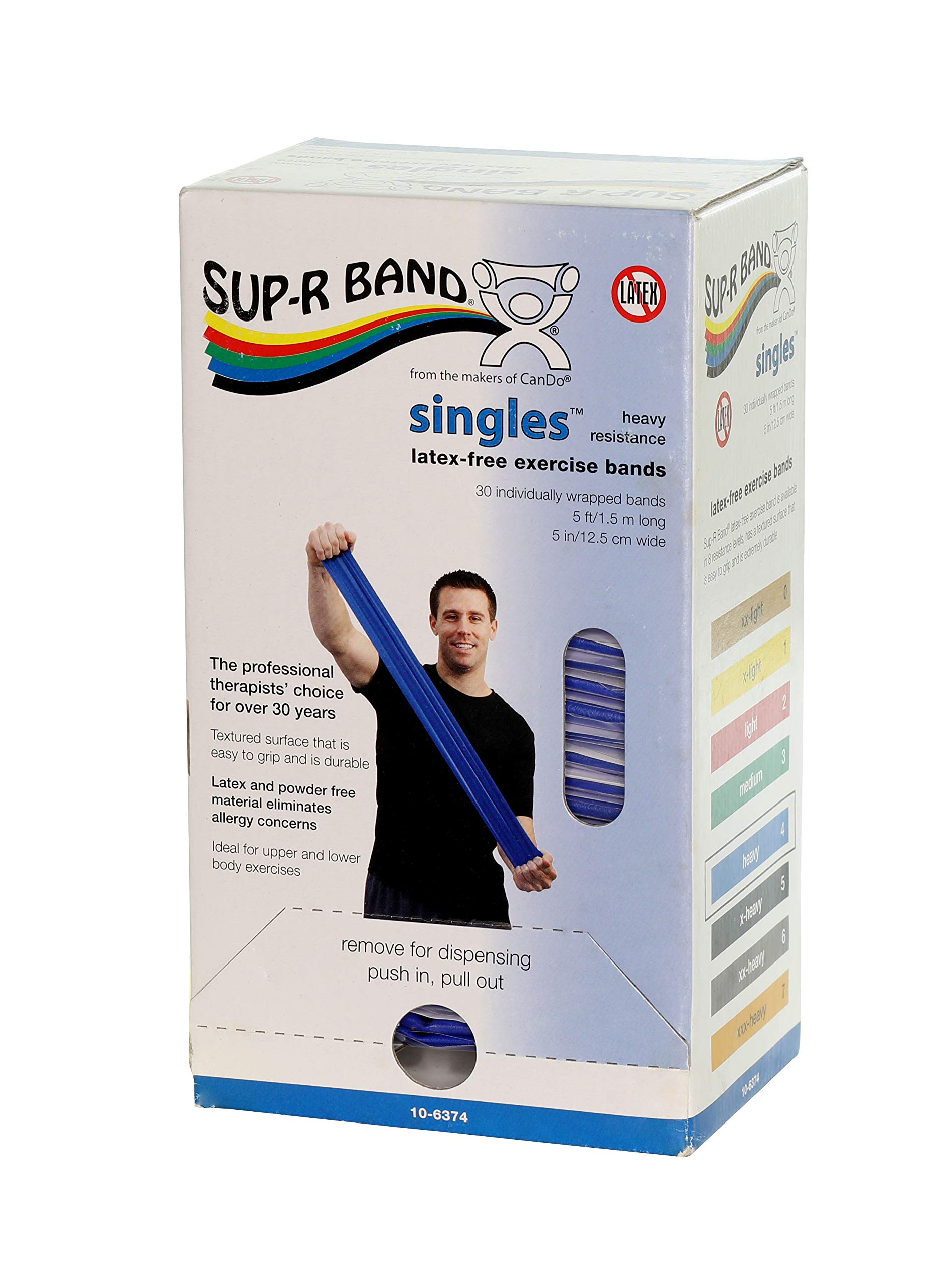 CanDo 10-6374 Sup-R Band - Latex-Free Exercise Resistance Bands, 5' Length, 30-Piece Set with Dispenser (Blue) - Perfect for Home Workouts, Physical Therapy & Strength Training