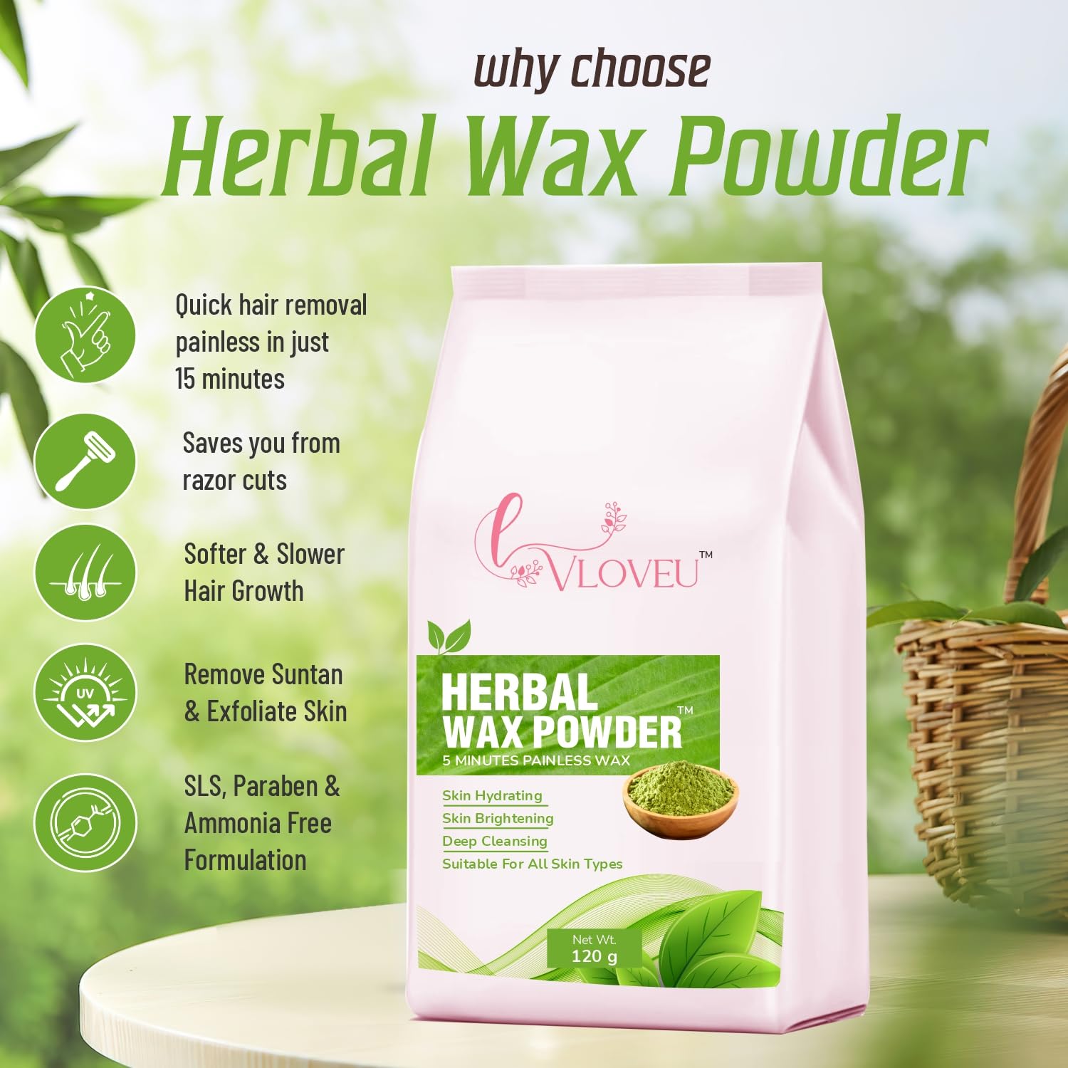 VLOVEU Herbal Wax Powder for Hair Removal - 120g Natural Painless Facial Hair Remover for Women | Bikini, Legs & Underarms Waxing | Quick 5-Minute Hair Removal Solution | Ideal for At-Home Spa, Salon & Travel Use