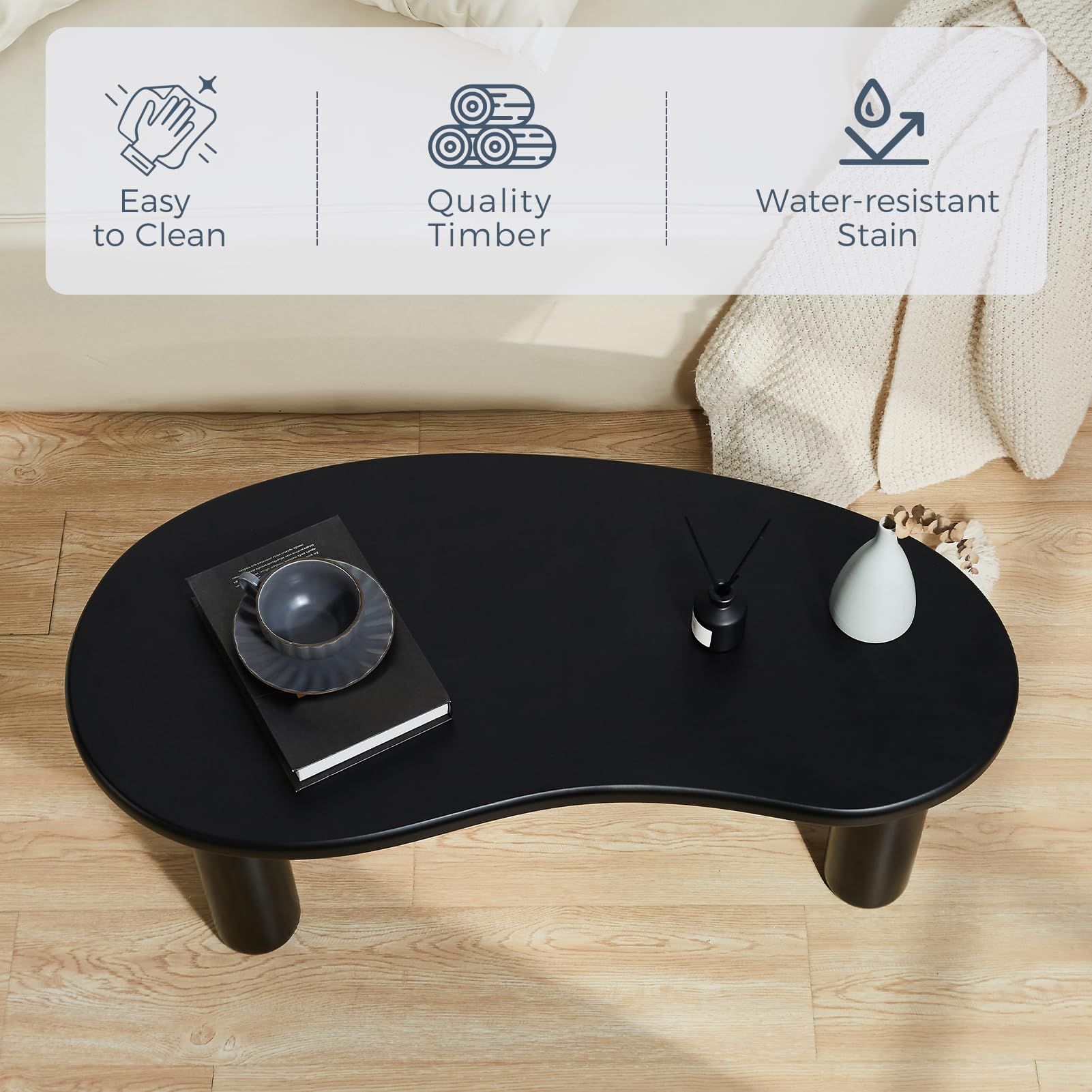 MAXYOYO 35.4 Inch Modern Cashew-Shaped Coffee Table - Unique Cloud Design Round Center Table for Living Room, Black | Perfect for Small Spaces, Apartments & Cozy Home Decor
