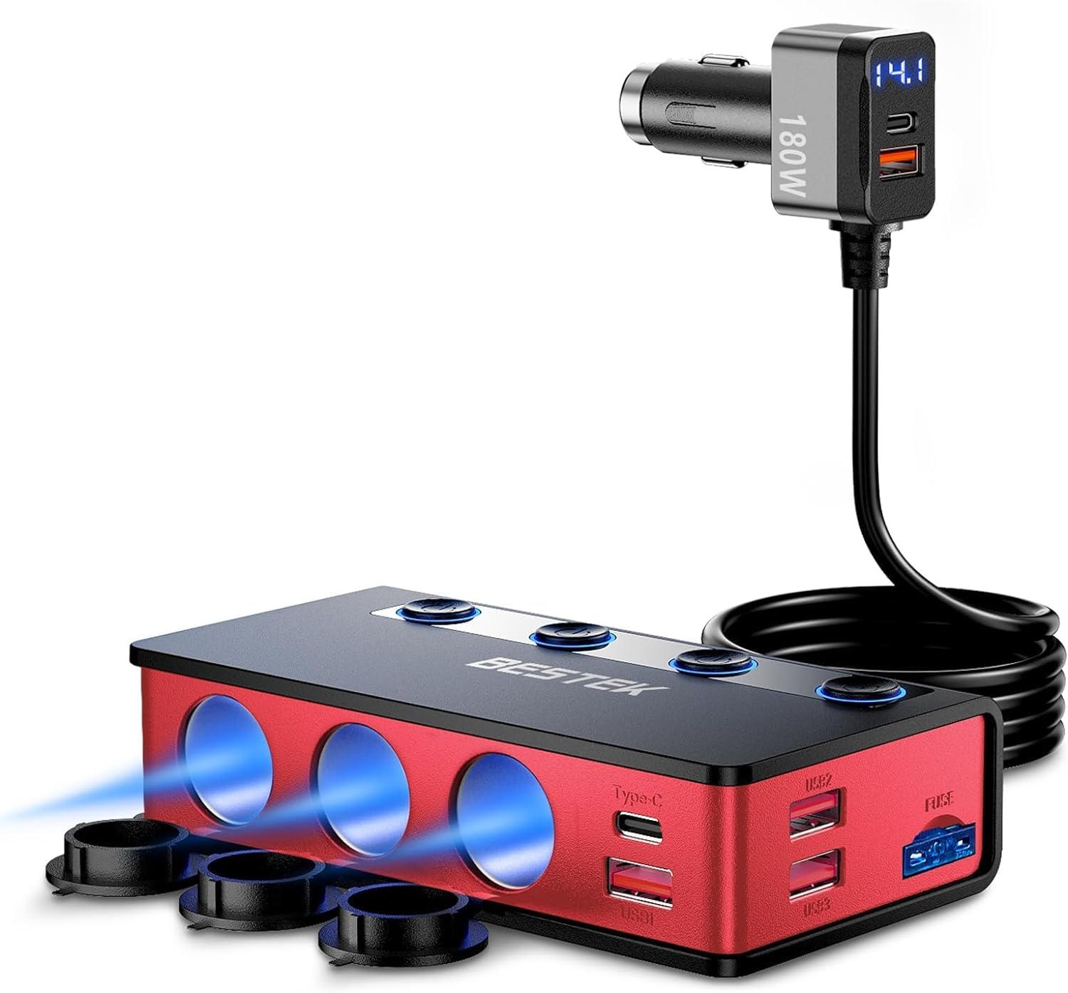 BESTEK 3 Outlet Car Charger Adapter with 6 USB Ports (USB-C PD & QC3.0) - 180W 12V/24V Cigarette Lighter Power Inverter with LED Display for iPhone, Dash Cam, GPS - Perfect for Road Trips & Travel (Red)