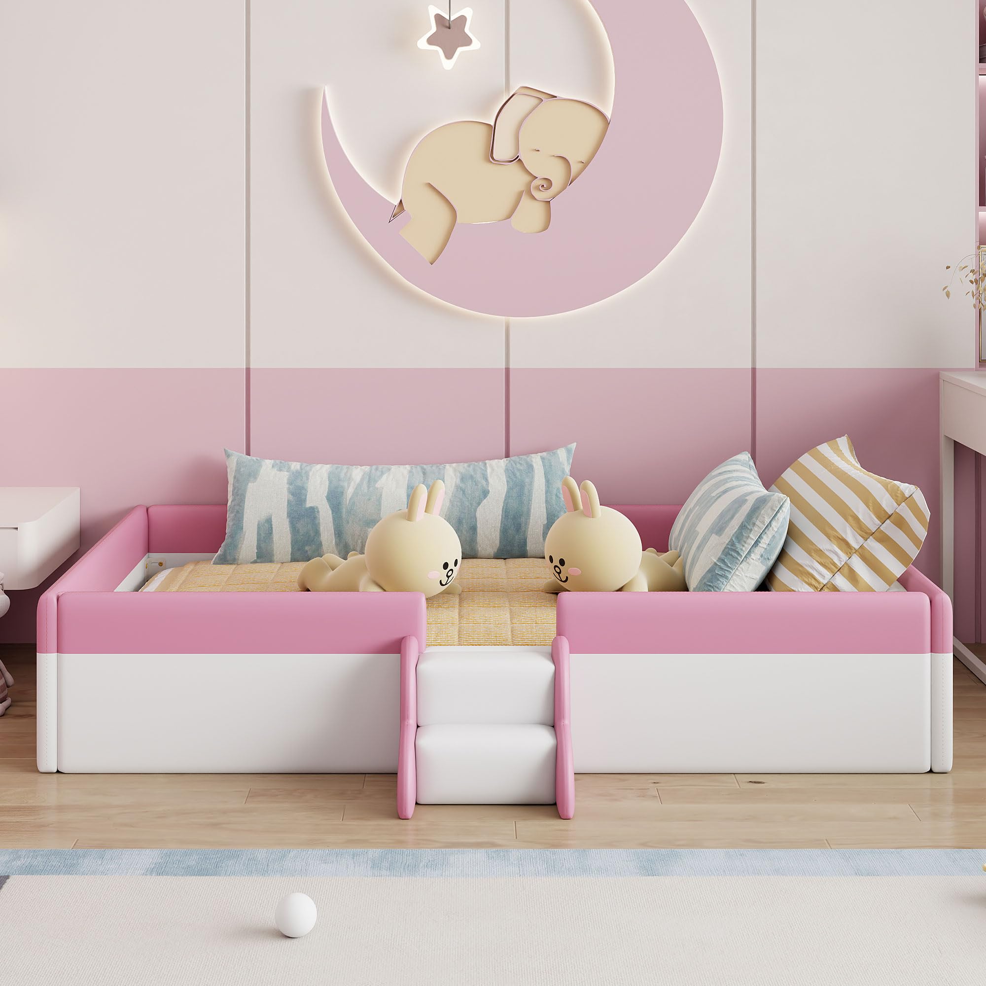 Montessori Full Size Floor Bed with Safety Fence & Stairs - PU Upholstered Kids Bed with Wooden Slats - Toddler Bed for Boys & Girls (Pink & White) - Perfect for Montessori Rooms, Daycare Centers & Safe Toddler Sleeping Spaces