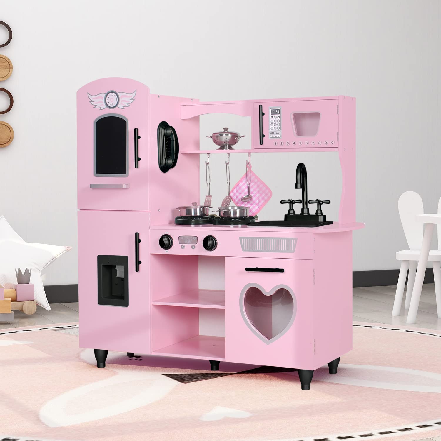**TaoHFE Pink Wooden Play Kitchen Set for Kids - Interactive Toy Kitchen with Lights & Sounds, Perfect Gift for Girls & Boys Ages 3-8 - Pretend Play for Toddlers & Preschoolers (Ideal for Birthday, Christmas & Indoor Playtime)**