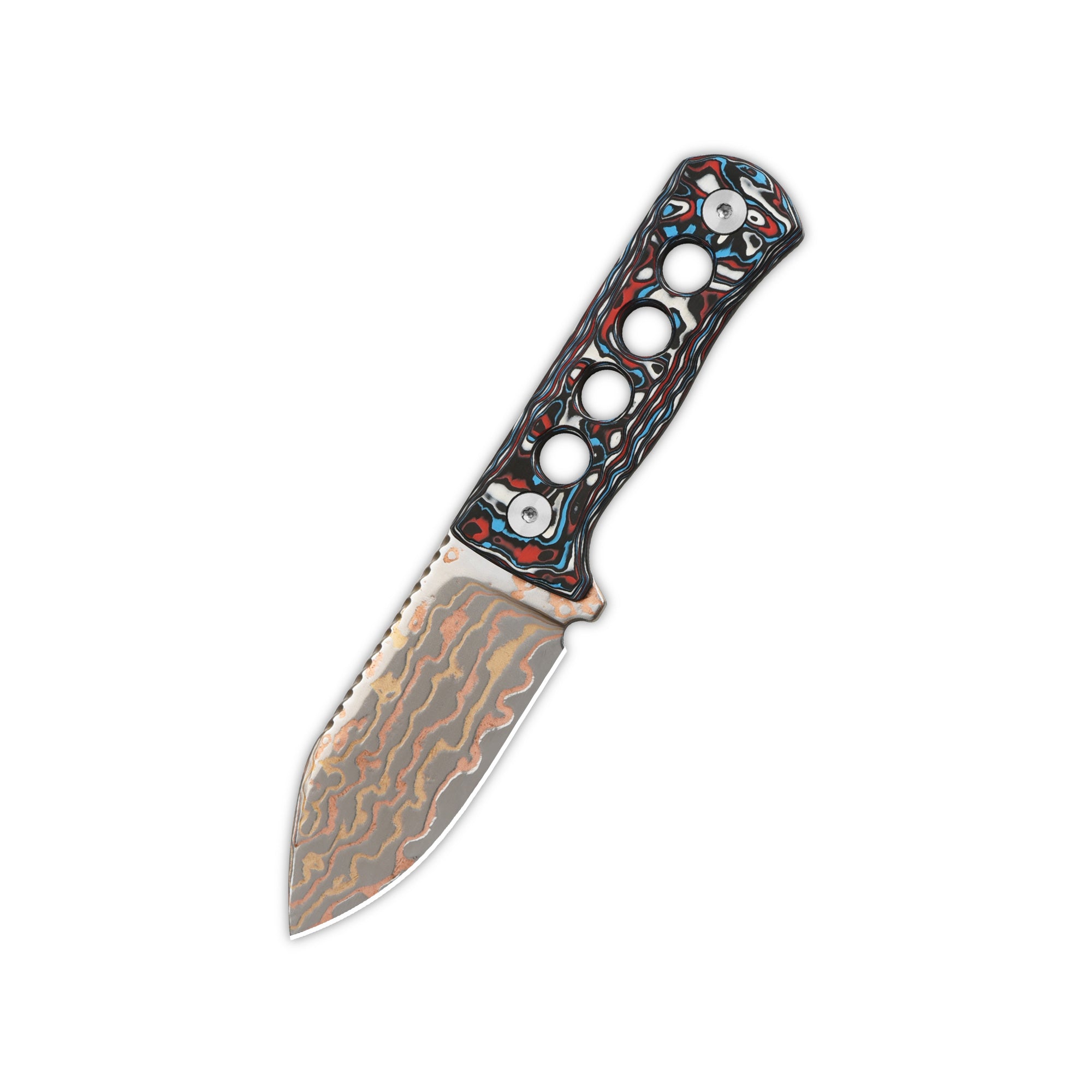 QSP Canary Neck Knife - Brass & Copper Damascus Steel Blade with Camo Carbon Fiber Handle - EDC, Outdoor Survival, Hunting, and Camping Accessory