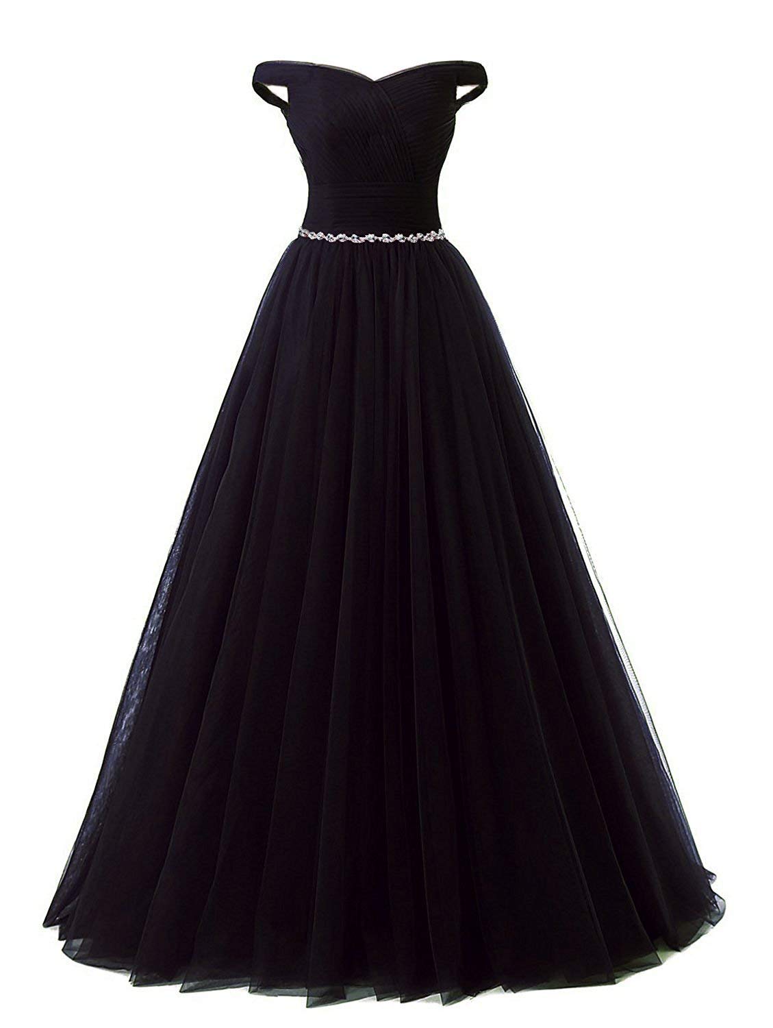 BellaBridal Women's Long Tulle Crystal Formal Prom Dress - Off Shoulder Quinceanera Ball Gown for Evening Party, Wedding, Homecoming - Size 020 in Black | Elegant & Glamorous Evening Wear