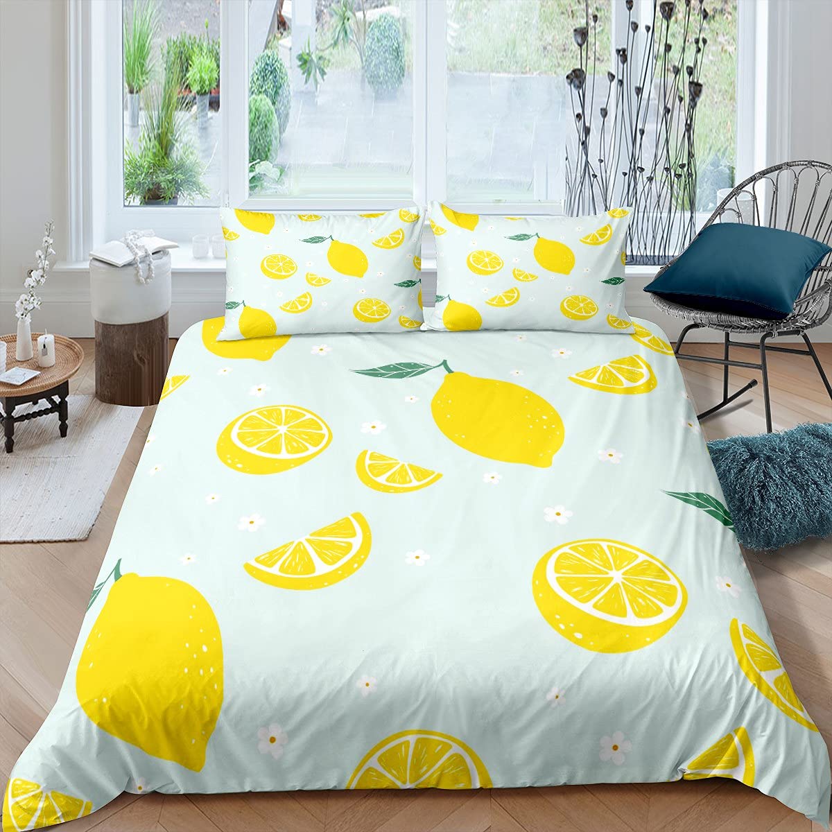 **King Size Yellow Lemon Duvet Cover Set - Floral & Fruit Print Bedding with White Flowers & Green Leaves - Includes Comforter Cover + 2 Pillowcases - Perfect for Kids' Bedroom Decor & Gifts**    *(Use Case: Brighten up your child's bedroom with this cheerful lemon-themed duvet set, ideal for spring and summer decor, birthday gifts, or refreshing a teen's room.)*