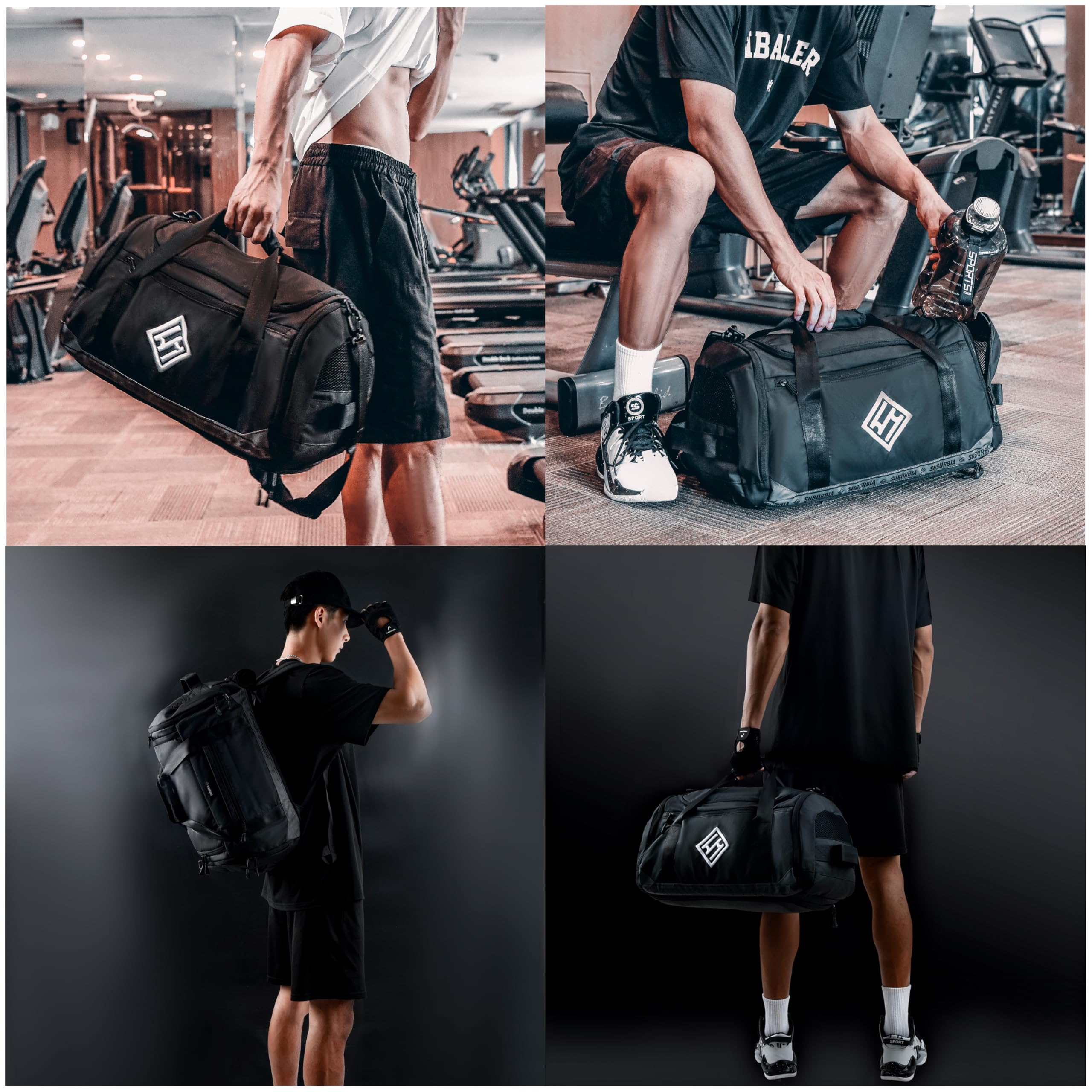 46L Water Resistant Gym Bag for Men & Women - Sports Duffle Backpack with Shoe Compartment & Wet Pocket - Ideal for Travel, Workout, Weekender & Overnight Trips - Black