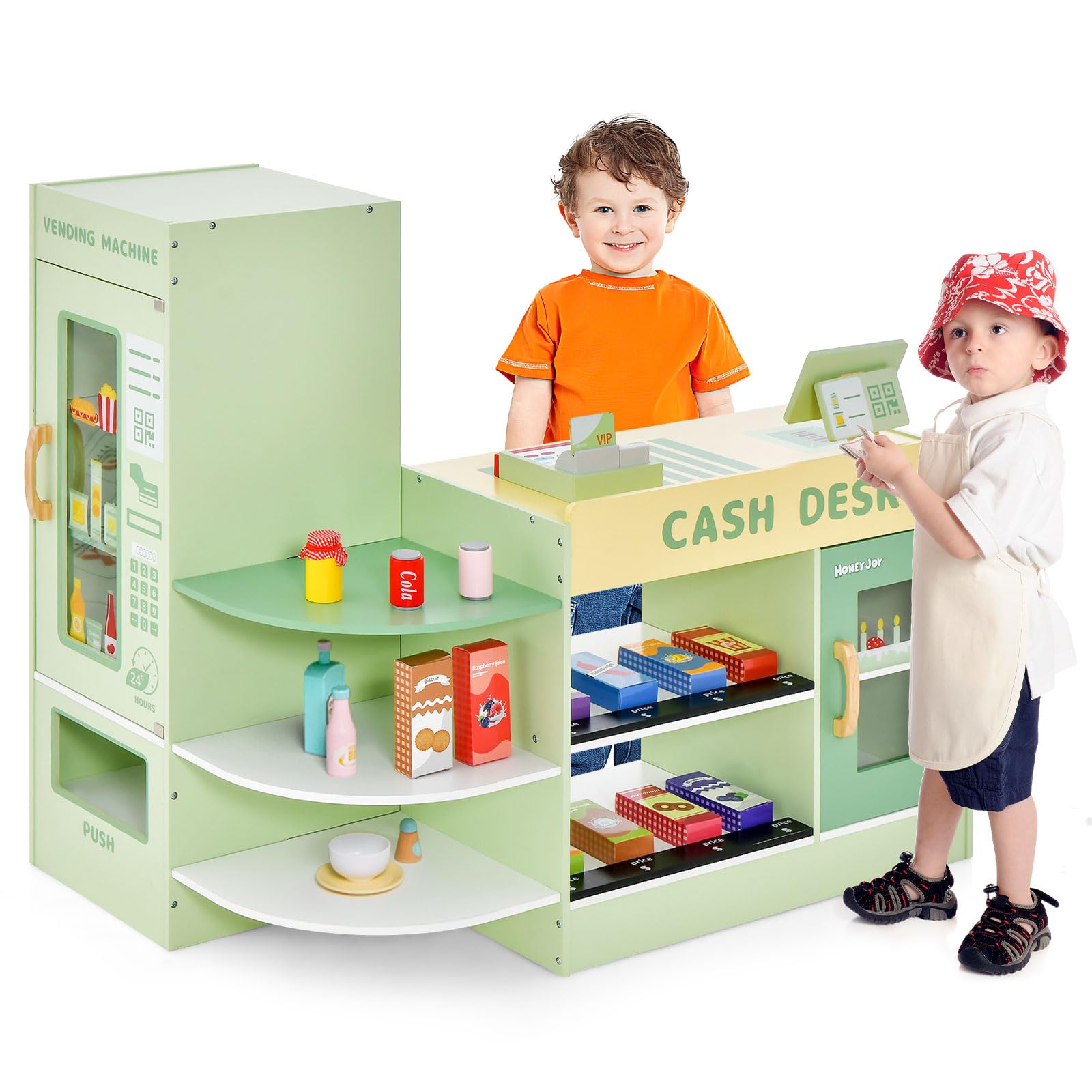 HONEY JOY Wooden Supermarket Playset for Kids - Pretend Play Grocery Store Toy with Cash Register, Vending Machine, Blackboard & Checkout Counter - Educational Role Play Toy for Toddler Boys & Girls (Green) | Perfect for Home, Classroom & Daycare Pretend Play Activities