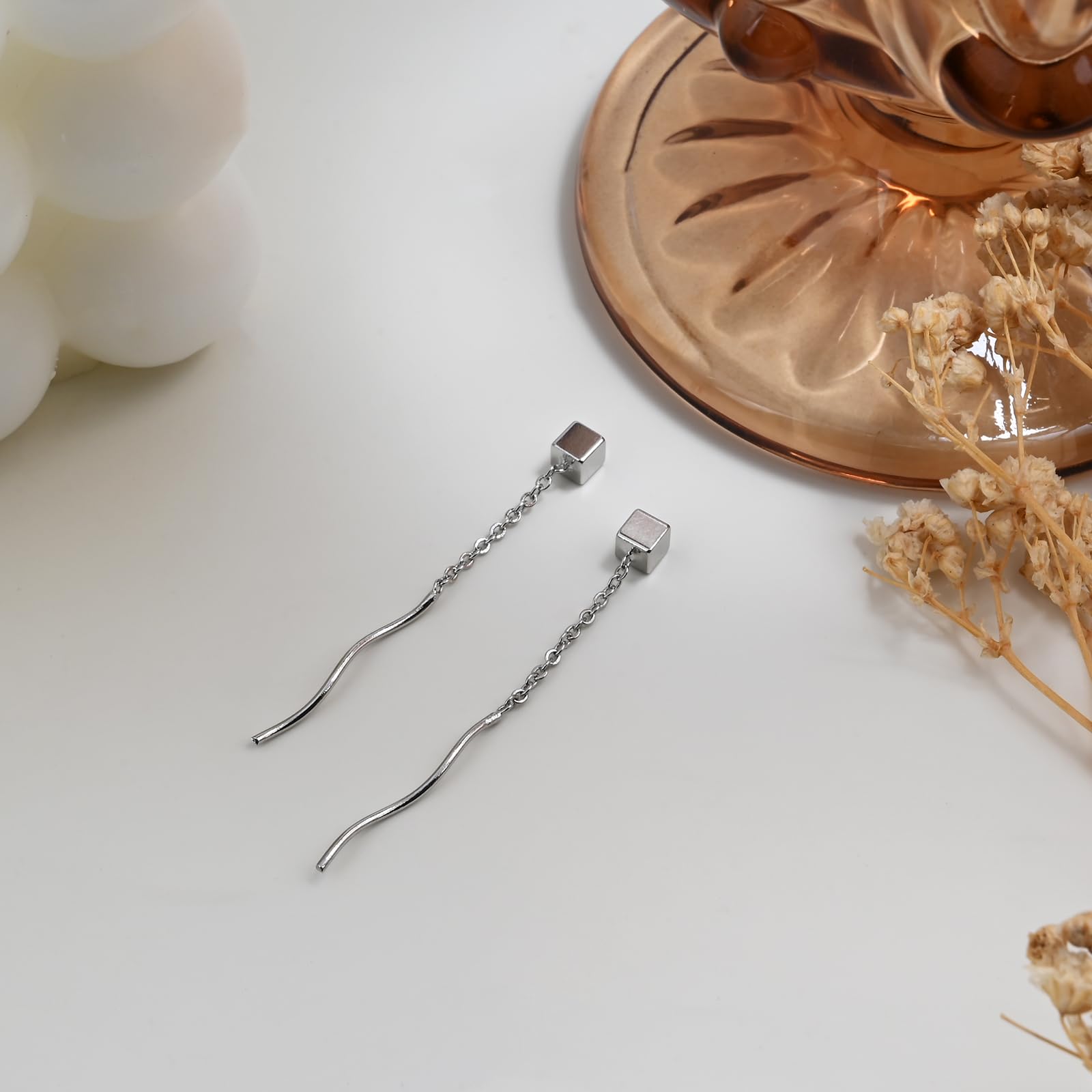 Trendy Sterling Silver Cube Threader Earrings for Women - Dangle Pull Through Ear Jewelry for Parties & Everyday Wear