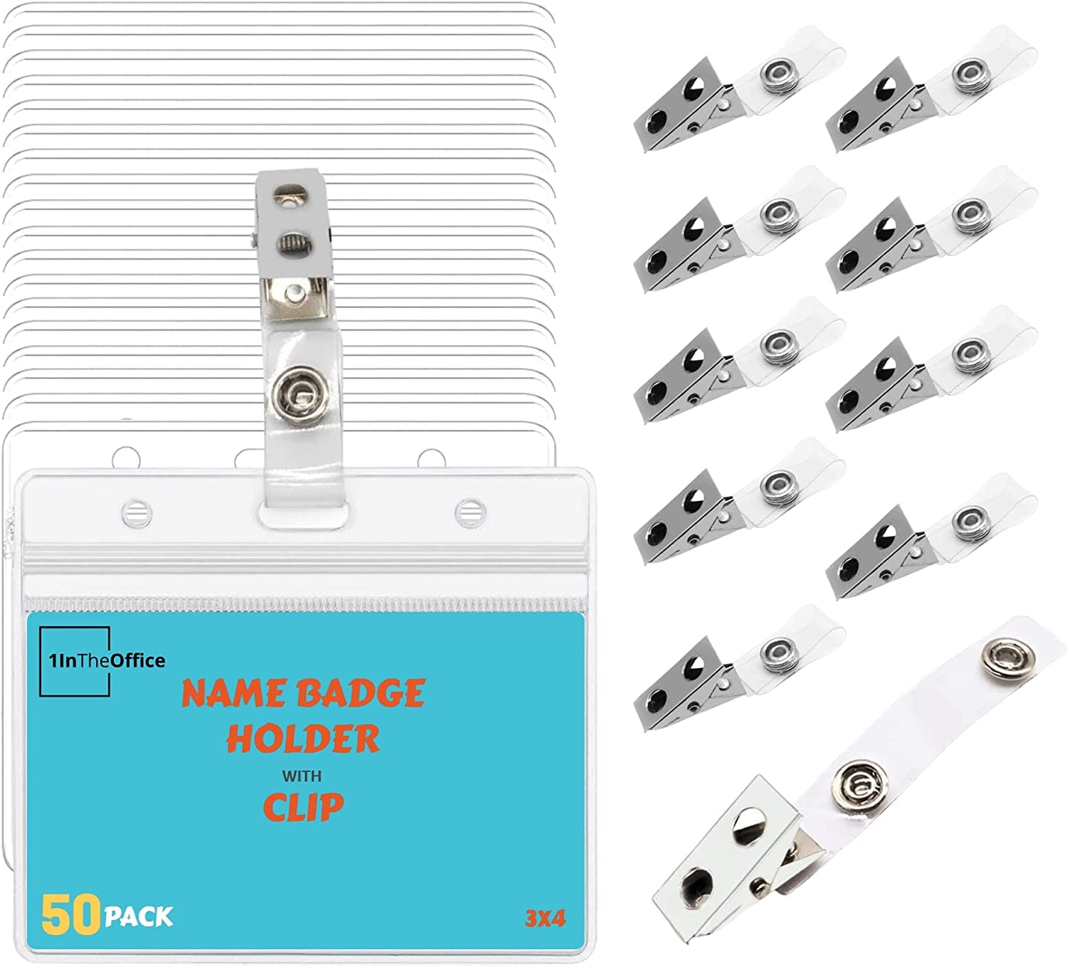 1InTheOffice Horizontal Plastic ID Badge Holder with Clip - 2.25 x 3.5 Inches (50 Pack) - Ideal for Office, Events, Conferences & Security Identification