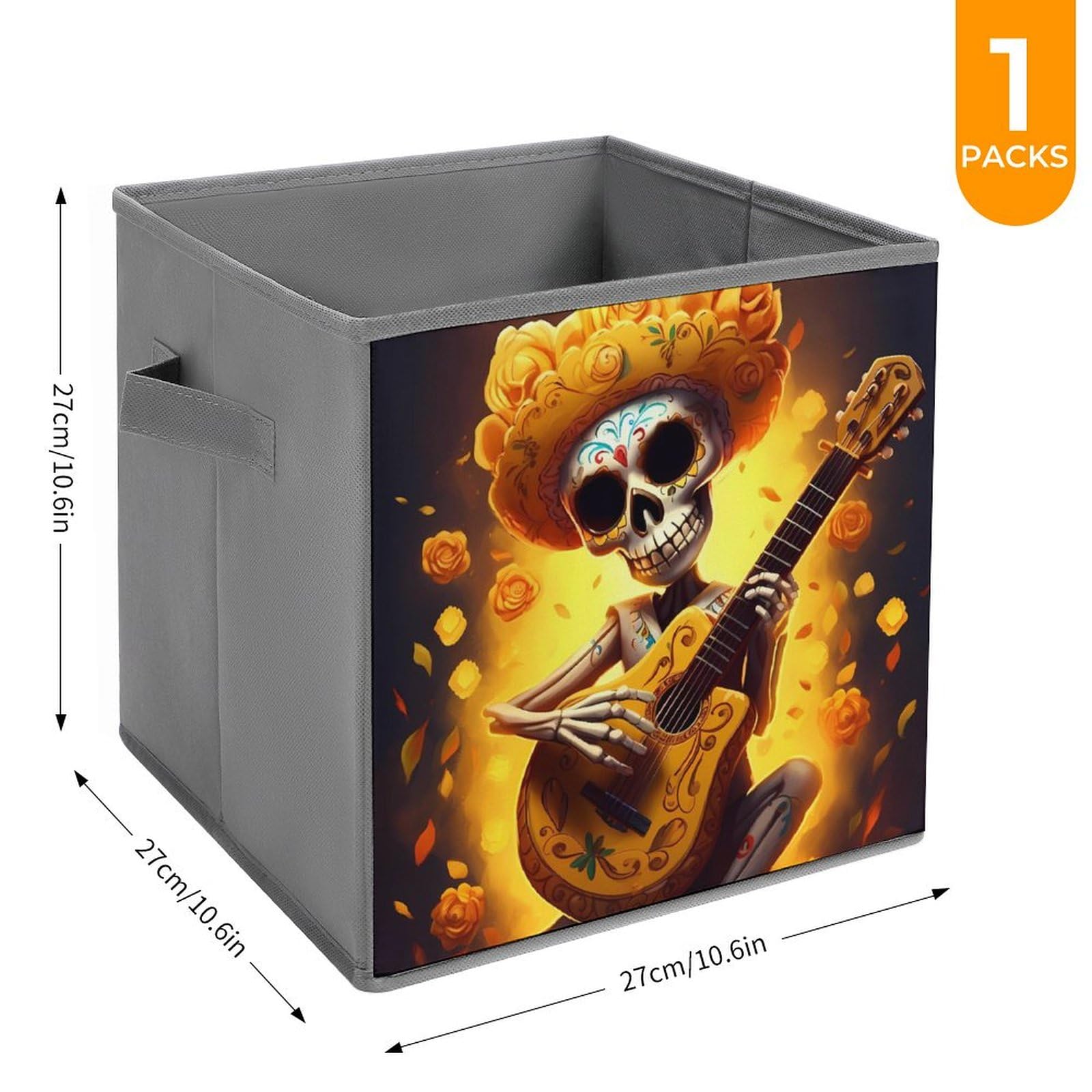 Funny Skull Playing Guitar Yellow Flower Foldable Storage Cube Organizer with Handles - Square Storage Basket for Home, Office & Kids Room Organization (1 Pack) - Perfect for Toys, Books & Clothes Storage
