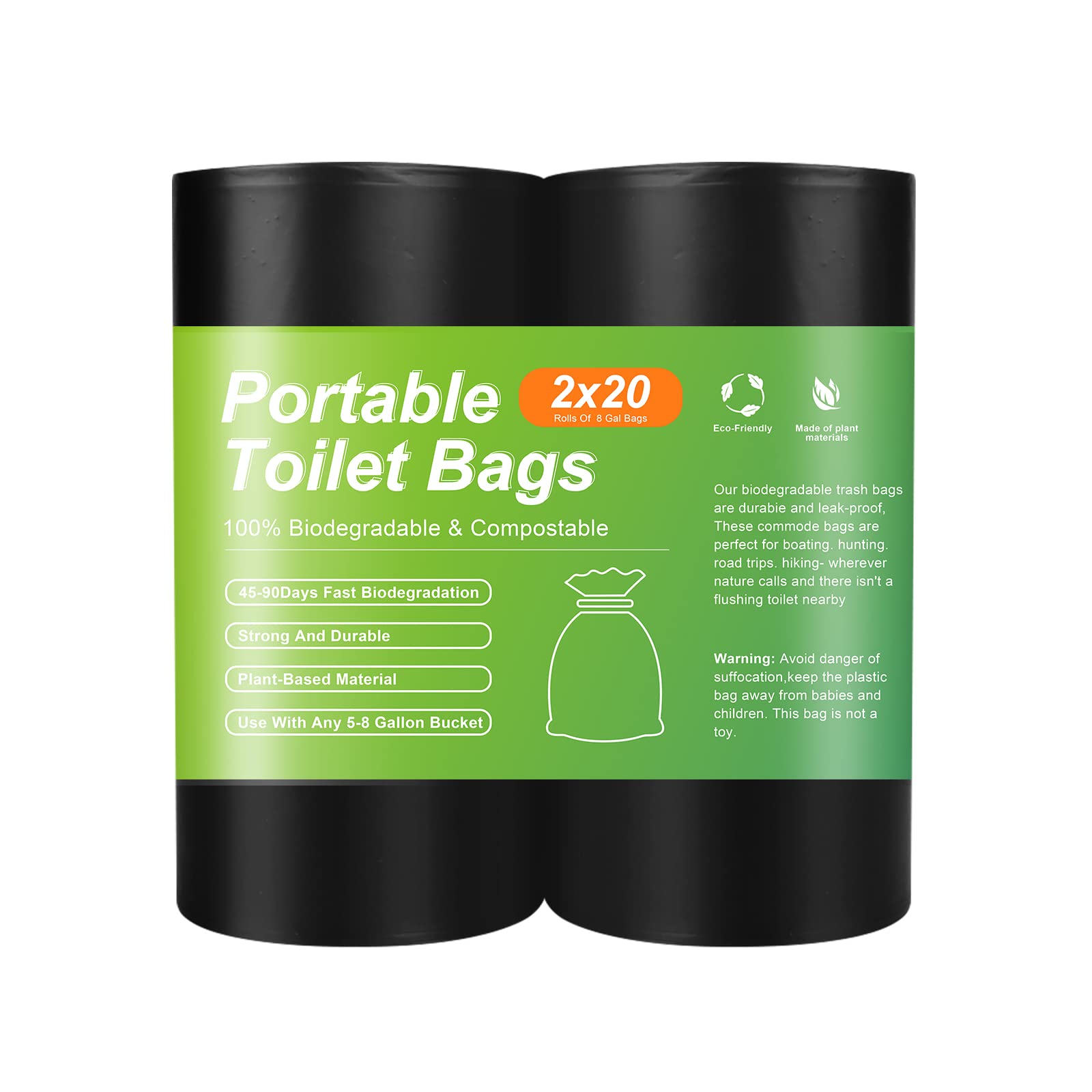 Eco-Friendly Portable Toilet Bags for Camping & Outdoor Adventures - 40 Pack Compostable Biodegradable Toilet Liners, 8 Gallon Thickened Bucket Liners for RV, Boating, Hiking & Emergency Preparedness - Plastic-Free Waste Solution for Sustainable Travel