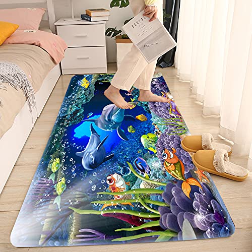 Soft Sponge Foam Bath Rugs - Non-Slip Flannel Mat with 3D Print for Bathroom, Kitchen, Bedside & Living Room | Absorbent Moisture Dust Control for Laundry Room | Underwater World Design (Perfect for Cozy Home Decor & High-Traffic Areas)