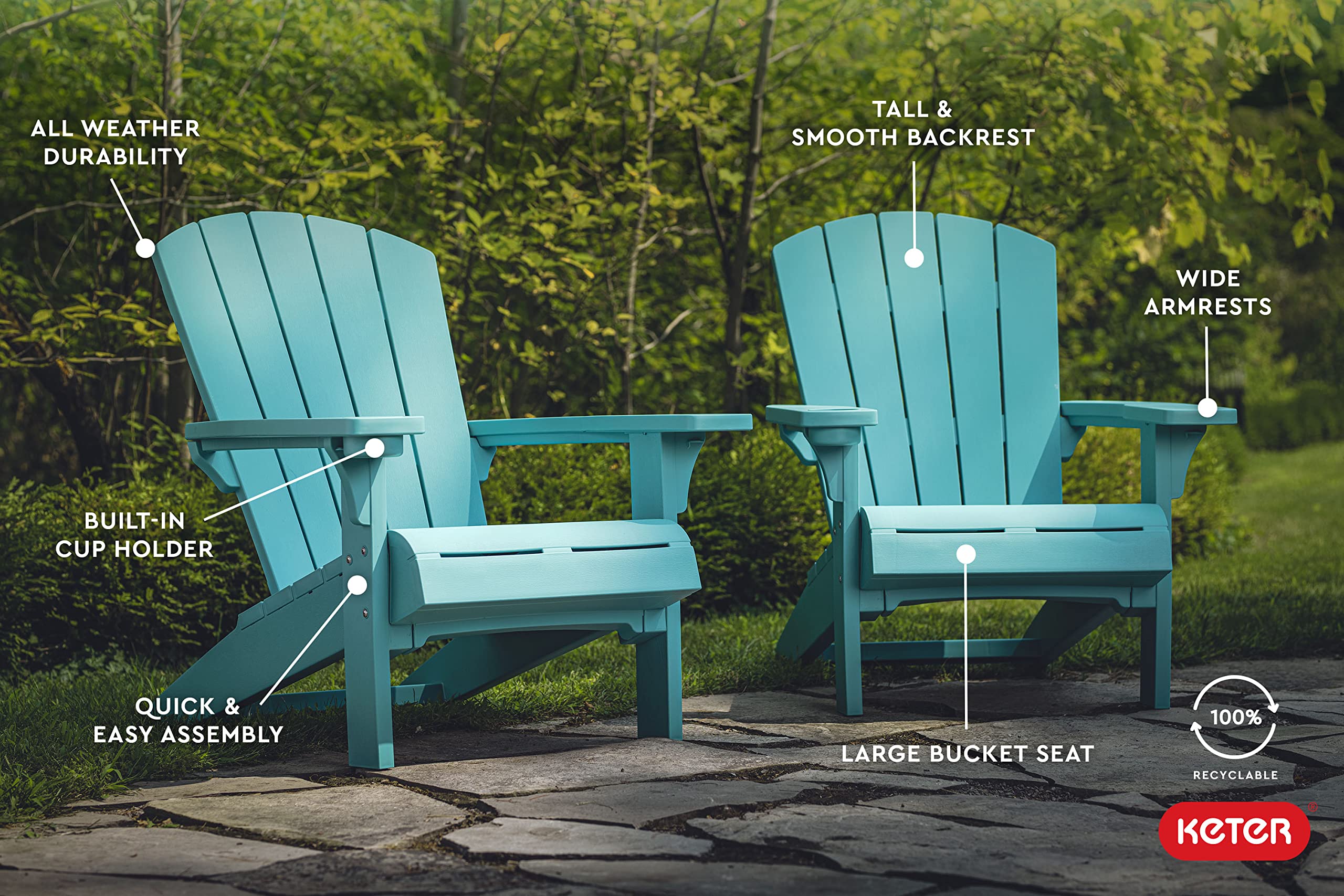 Keter Alpine Adirondack 2-Pack Resin Outdoor Patio Chairs with Cup Holder - Weather-Resistant Teal Plastic Garden Furniture for Beach, Poolside, Fire Pit & Backyard Relaxation