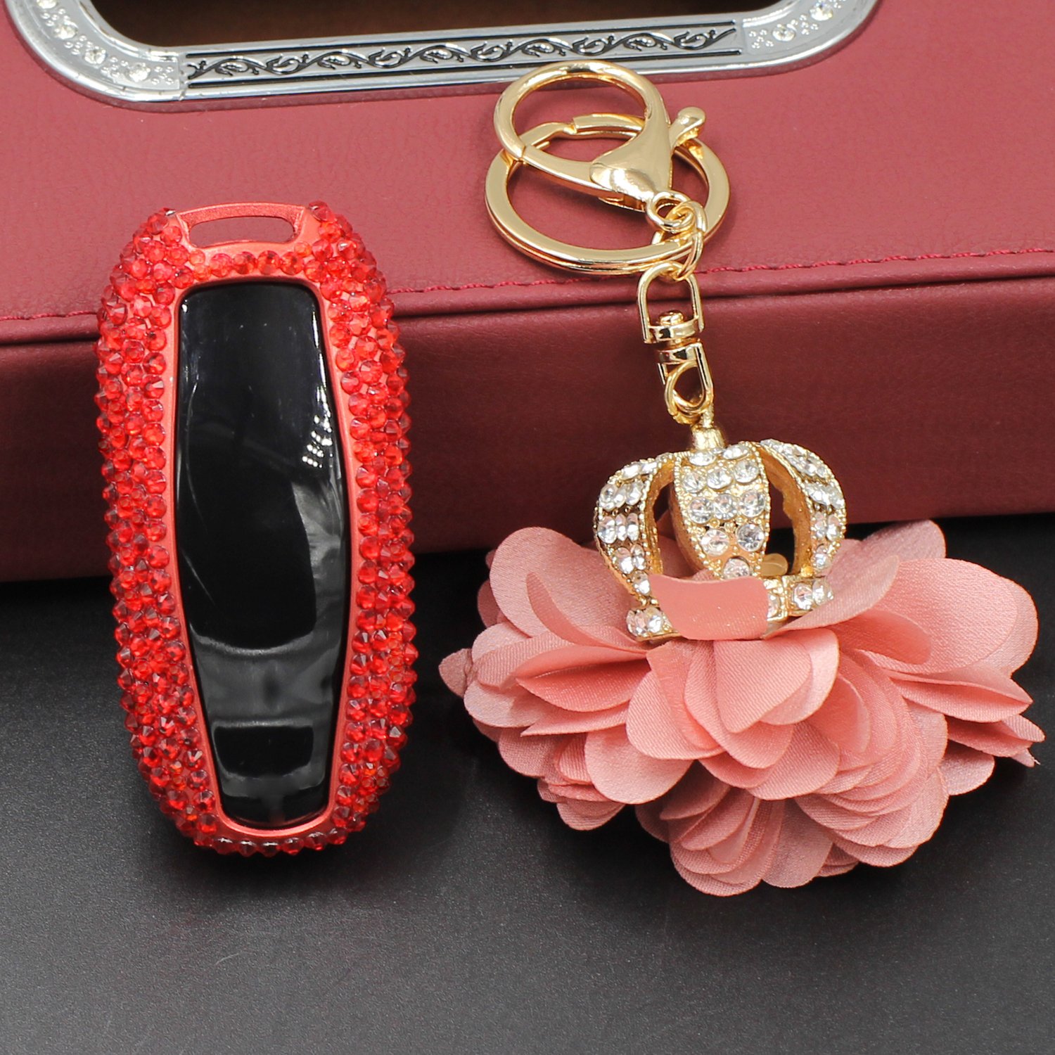 Premium Handmade Tesla Key Fob Cover - Aluminum Protector Case with Diamond Bling Crystals for Model 3/S/Y (Red) | Luxury Car Accessory for Key Protection & Style Enhancement