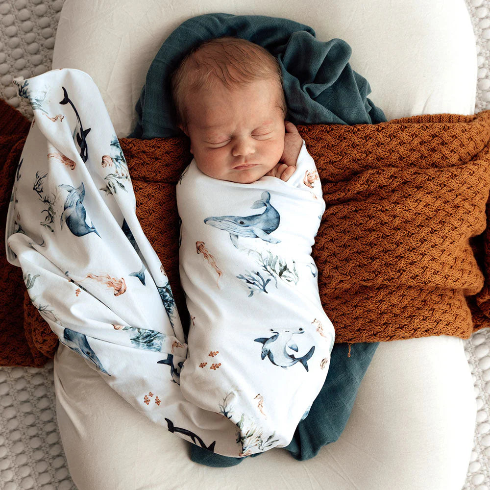 Snuggle Hunny Baby Jersey Wrap & Beanie Set - Soft Newborn Swaddle Blanket & Hat - Perfect for Baby Showers, Newborn Photography & Cozy Nursery Outfits - Ocean Blue
