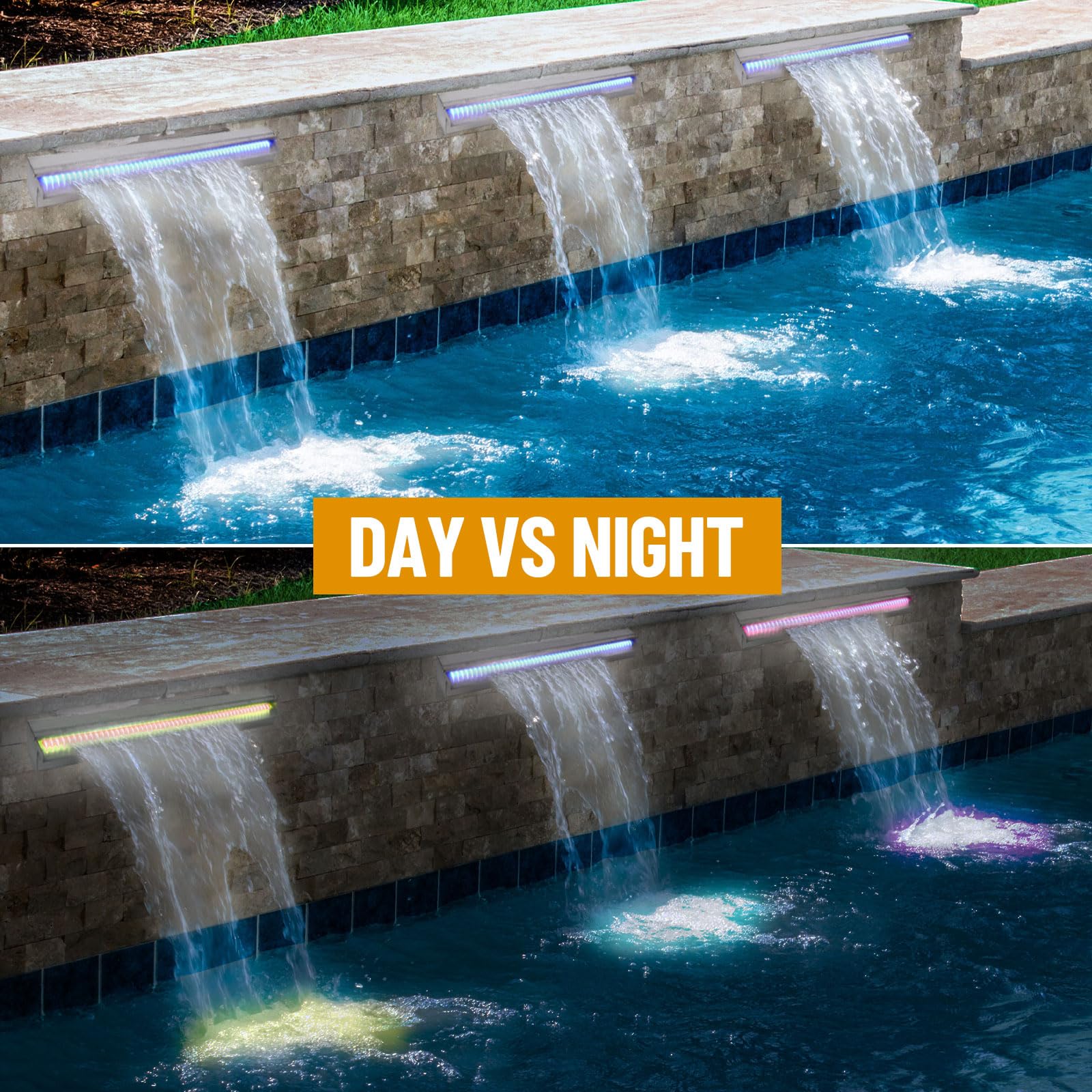 GARVEE 36x4.7x3.2 Inch Stainless Steel Pool Waterfall with LED Lights | Outdoor Water Fountain & Rectangular Spillway for Pools, Gardens | Premium Remote Control LED Water Feature for Backyard, Patio Decor