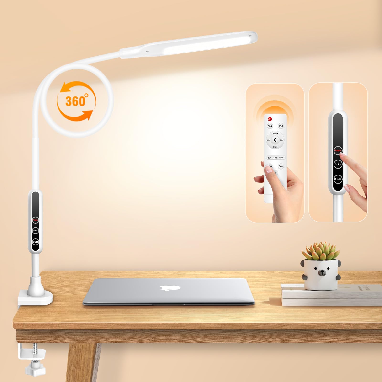 Syrinx LED Desk Lamp with Clamp - Adjustable Gooseneck Eye-Caring Light for Home Office, Study & Nail Art - 5 Color Modes & Remote Control, 12W Energy Saving Table Lamp - Perfect for Reading, Working & Crafting